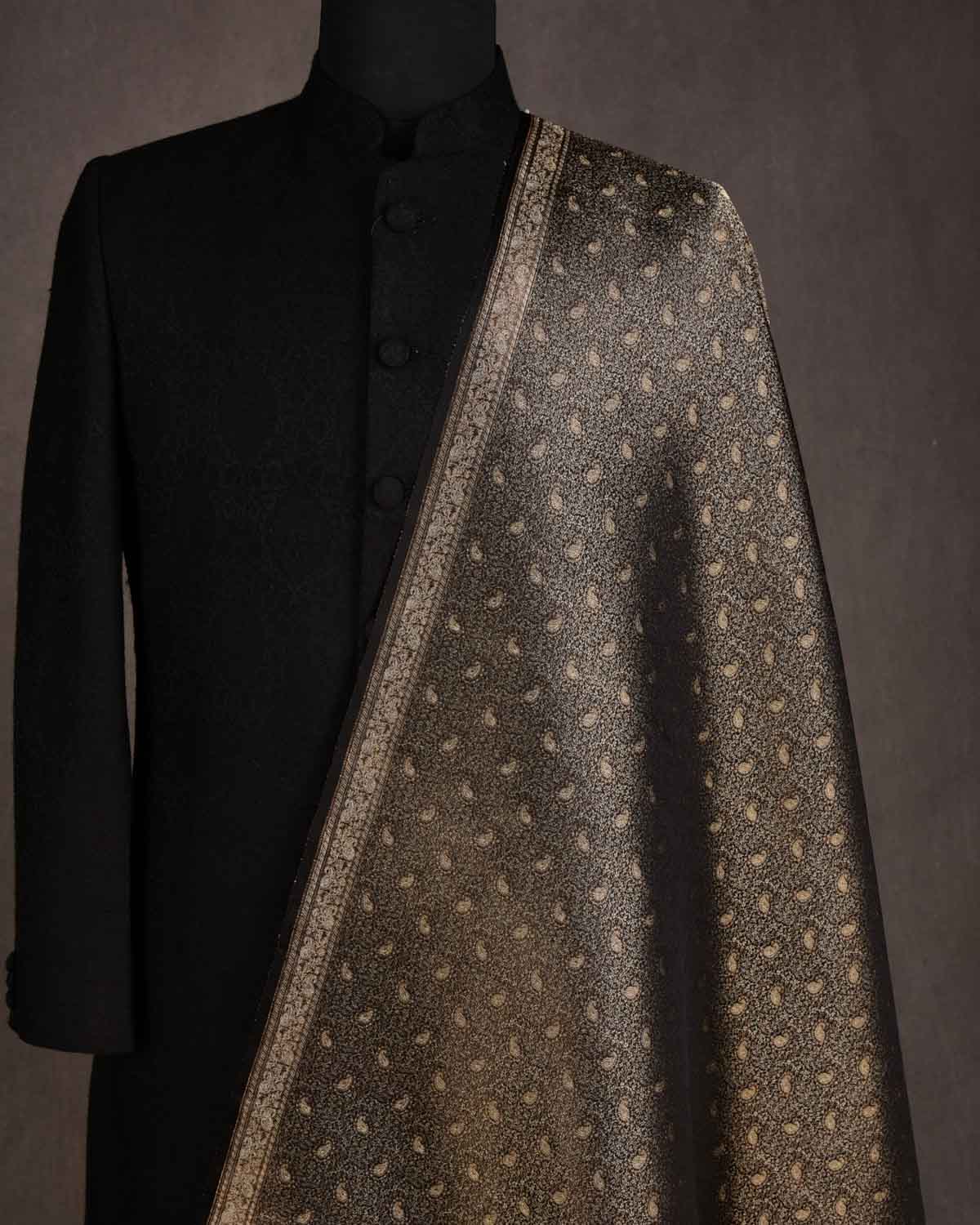 Metallic Black 3-Color Zari Tehri Paisley Tanchoi Satin Jamawar Handwoven Katan Silk Banarasi Fabric-HolyWeaves