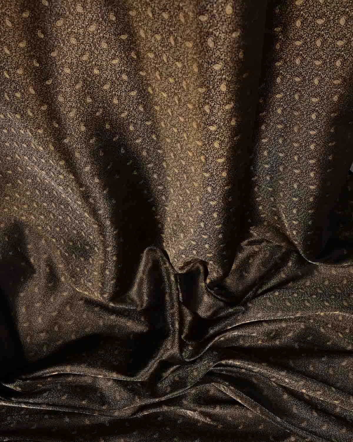 Metallic Black 3-Color Zari Tehri Paisley Tanchoi Satin Jamawar Handwoven Katan Silk Banarasi Fabric-HolyWeaves