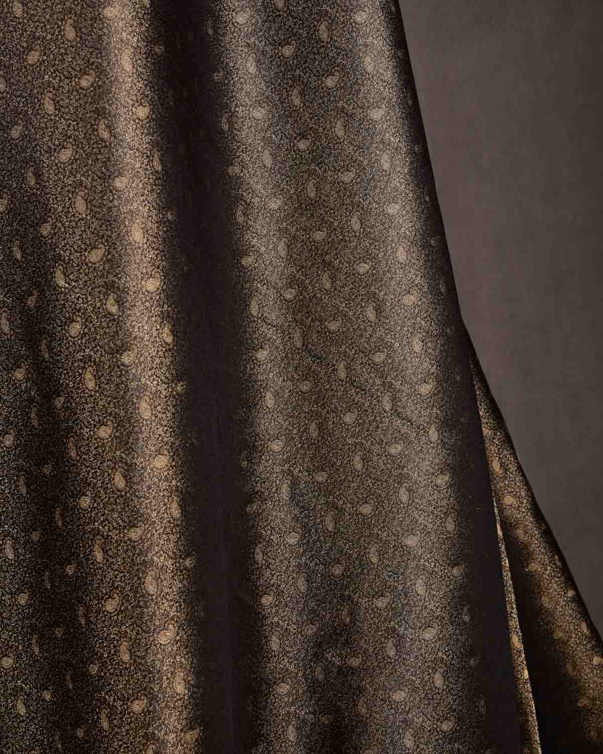 Metallic Black 3-Color Zari Tehri Paisley Tanchoi Satin Jamawar Handwoven Katan Silk Banarasi Fabric-HolyWeaves