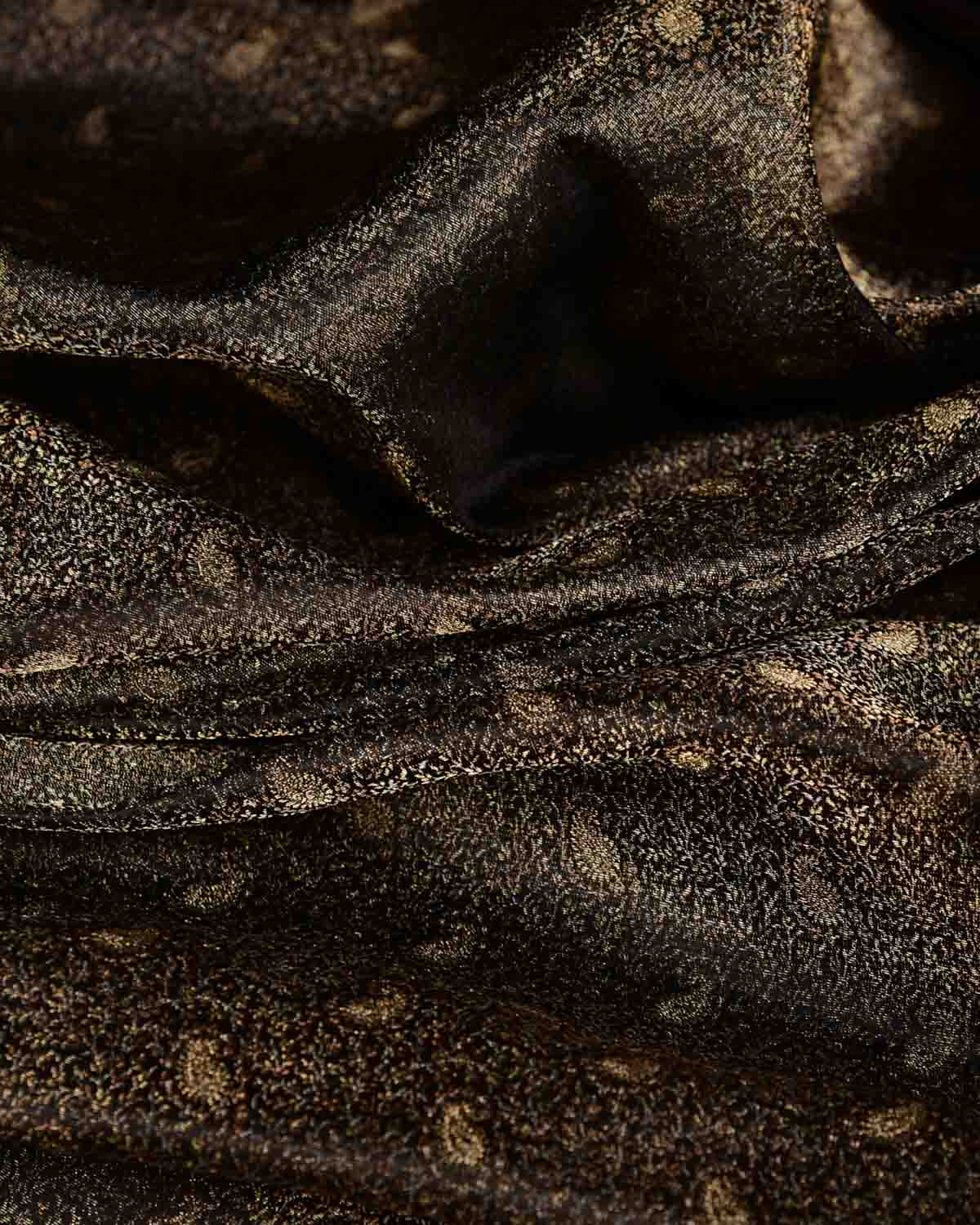 Metallic Black 3-Color Zari Tehri Paisley Tanchoi Satin Jamawar Handwoven Katan Silk Banarasi Fabric-HolyWeaves