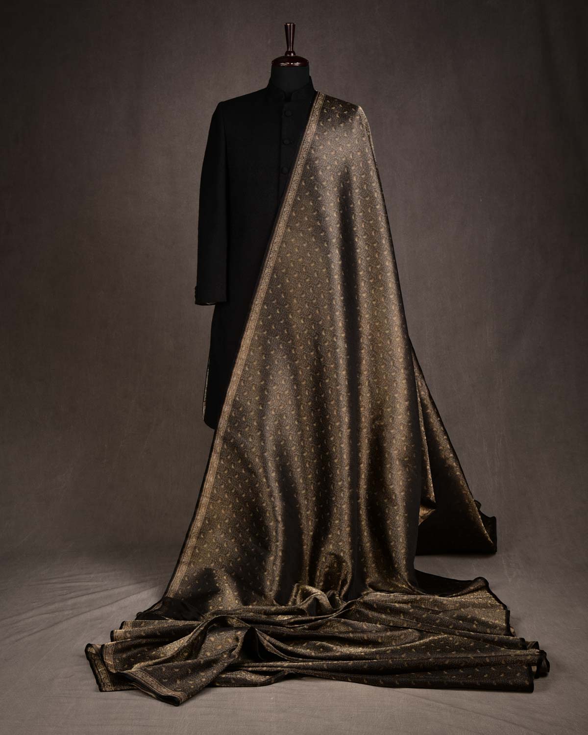 Metallic Black 3-Color Zari Tehri Paisley Tanchoi Satin Jamawar Handwoven Katan Silk Banarasi Fabric-HolyWeaves