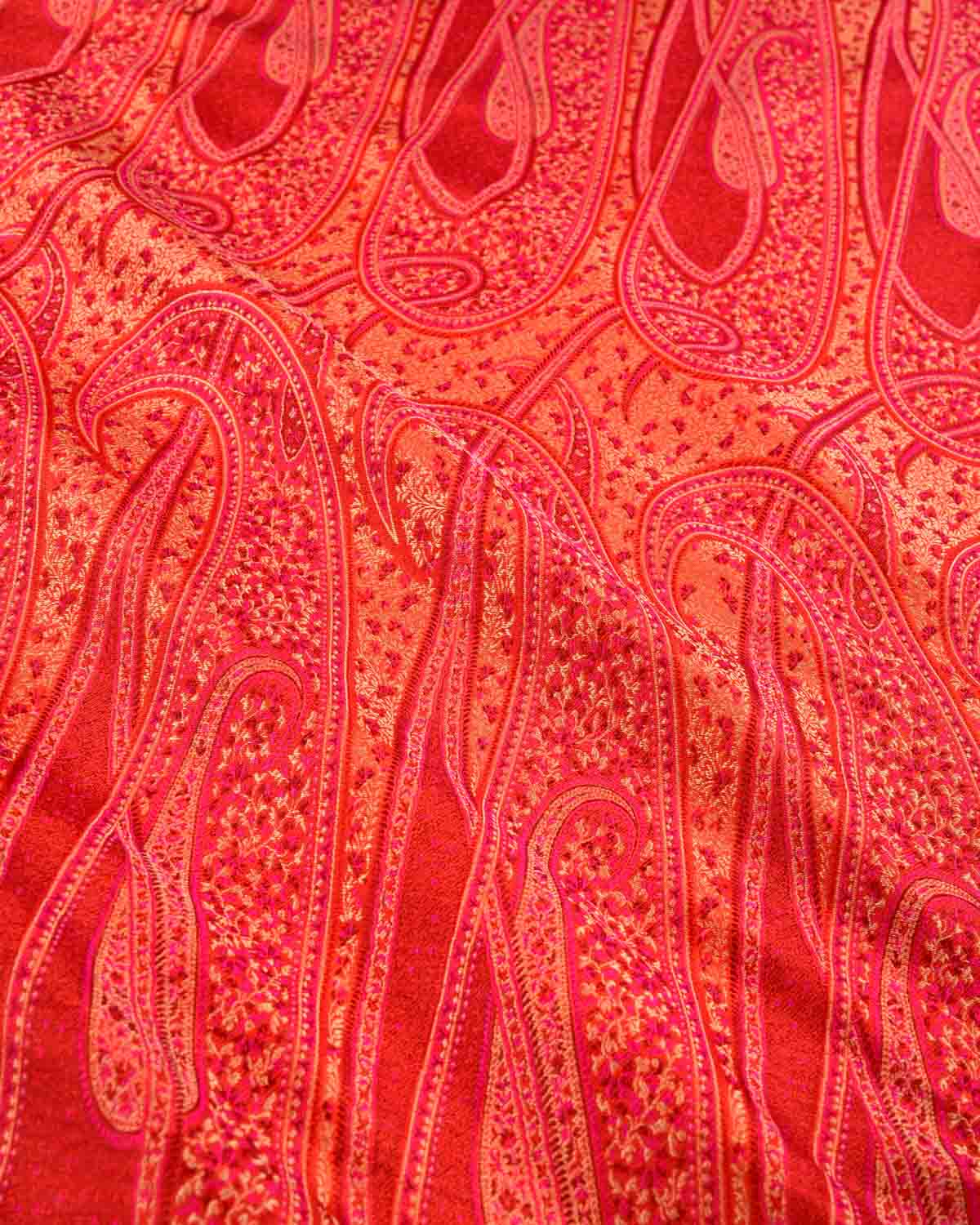 Red Banarasi Large Paisley Tehra Jamawar Handwoven Katan Silk Fabric-HolyWeaves