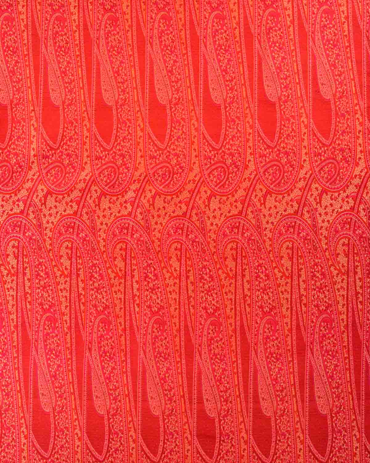 Red Banarasi Large Paisley Tehra Jamawar Handwoven Katan Silk Fabric-HolyWeaves