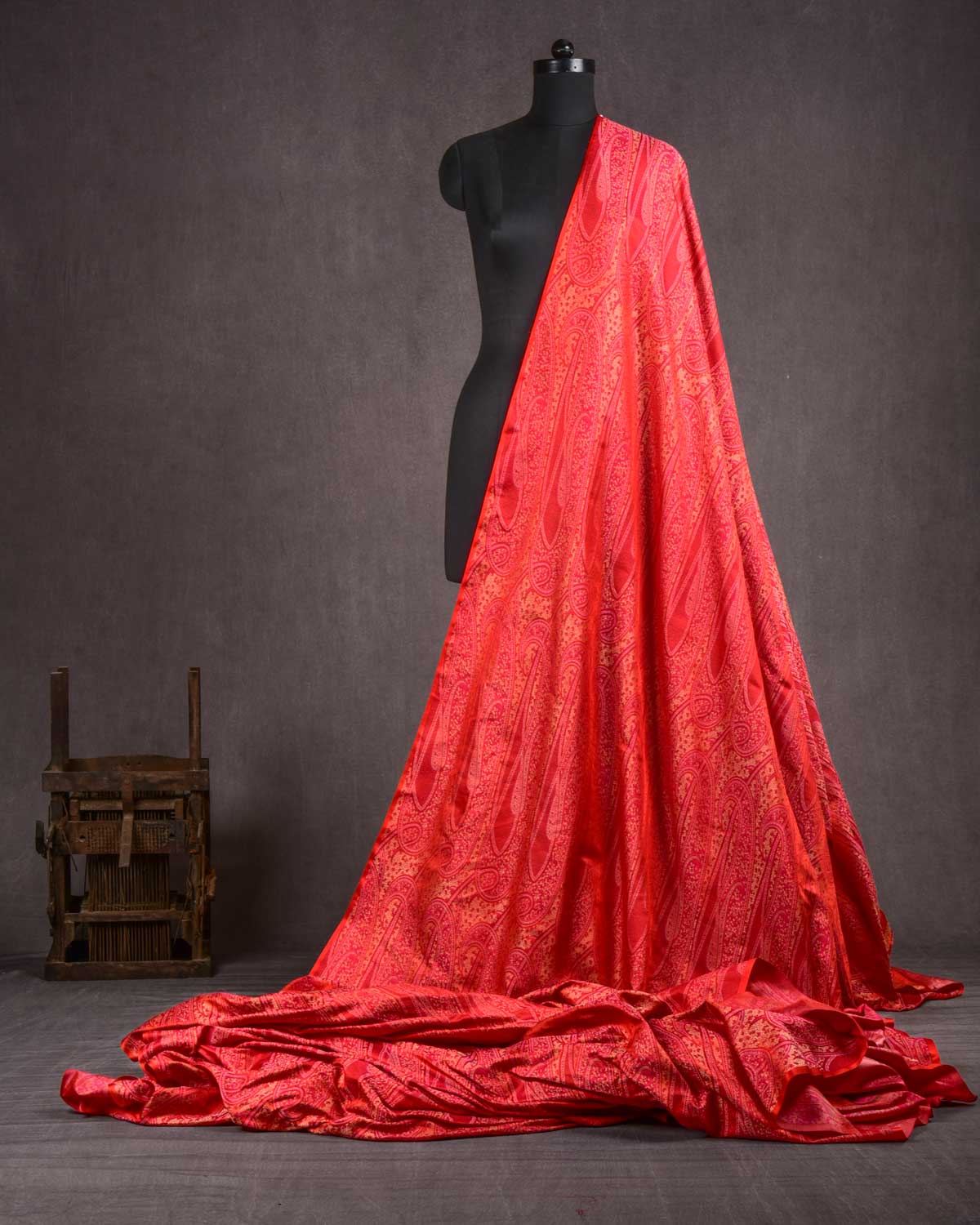 Red Banarasi Large Paisley Tehra Jamawar Handwoven Katan Silk Fabric-HolyWeaves