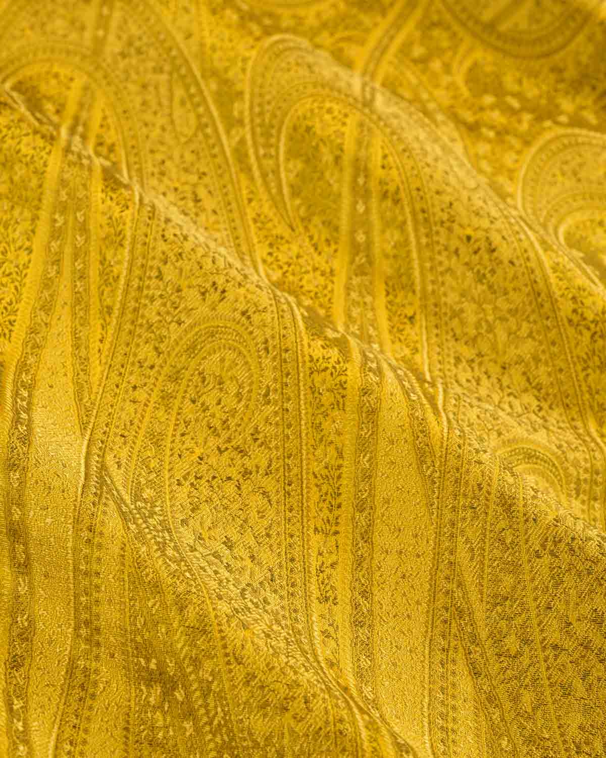Yellow Banarasi Large Paisley Tehra Jamawar Handwoven Katan Silk Fabric-HolyWeaves