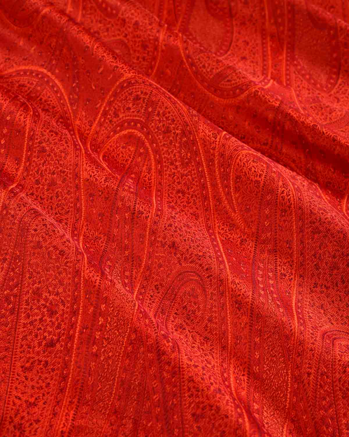 Red Banarasi Large Paisley Tehra Jamawar Handwoven Katan Silk Fabric-HolyWeaves