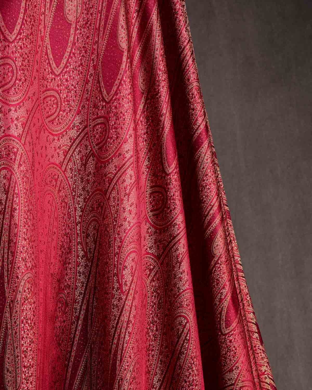 Maroon Large Paisley Tehra Satin Jamawar Handwoven Katan Silk Banarasi Fabric-HolyWeaves
