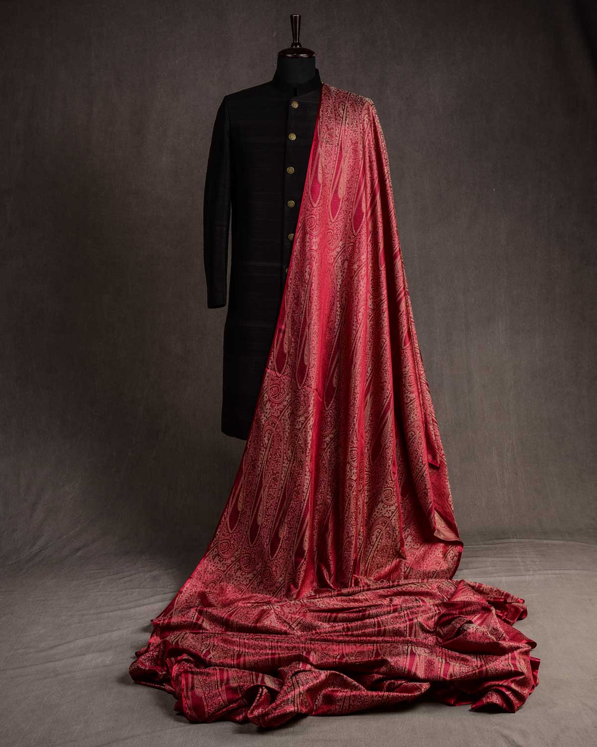 Maroon Large Paisley Tehra Satin Jamawar Handwoven Katan Silk Banarasi Fabric-HolyWeaves