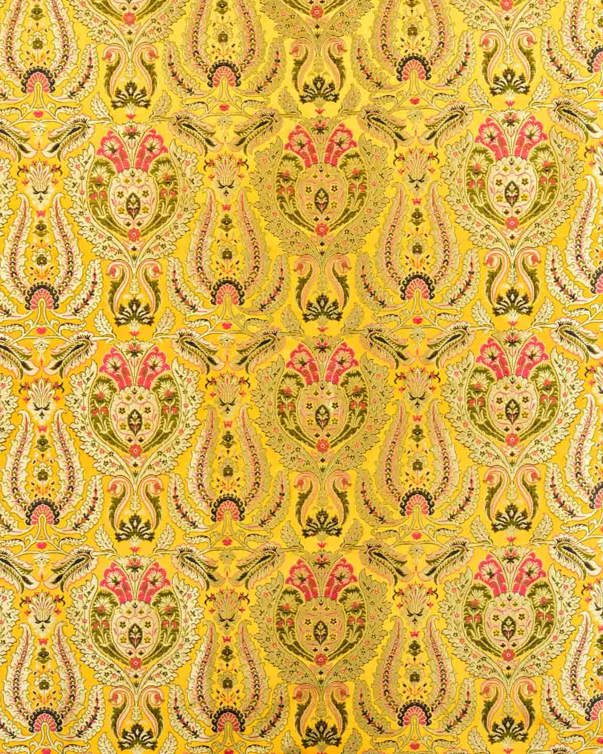 Yellow Banarasi Gold Zari and Resham Tehra Kimkhwab Brocade Woven Art Silk Fabric-HolyWeaves