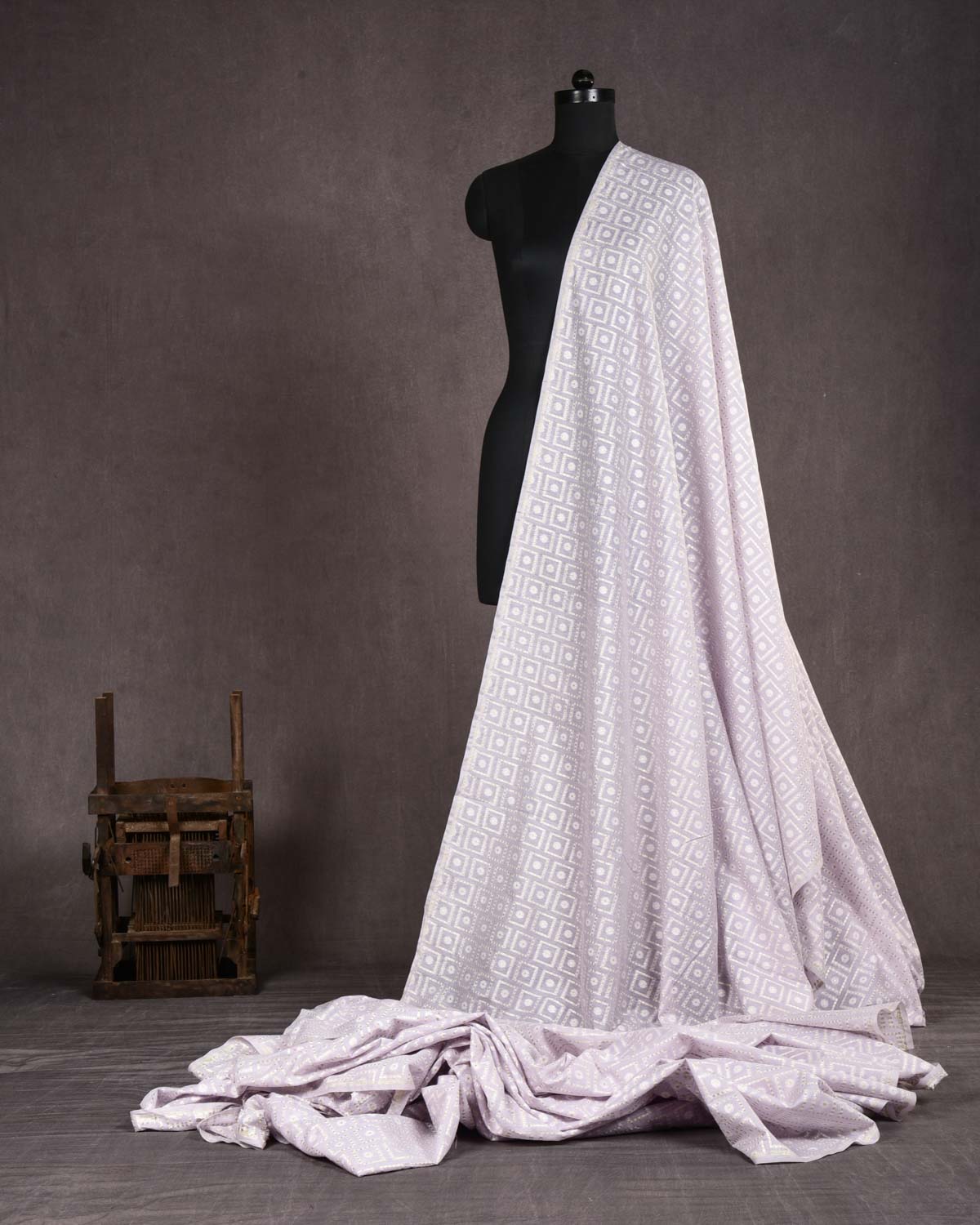 Mauve Banarasi Gold Zari & Resham Chequered Grids Cutwork Brocade Woven Cotton Silk Fabric-HolyWeaves