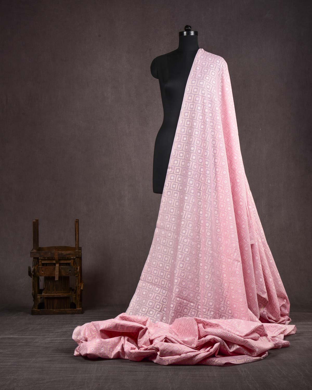 Pink Banarasi Gold Zari & Resham Chequered Grids Cutwork Brocade Woven Cotton Silk Fabric-HolyWeaves