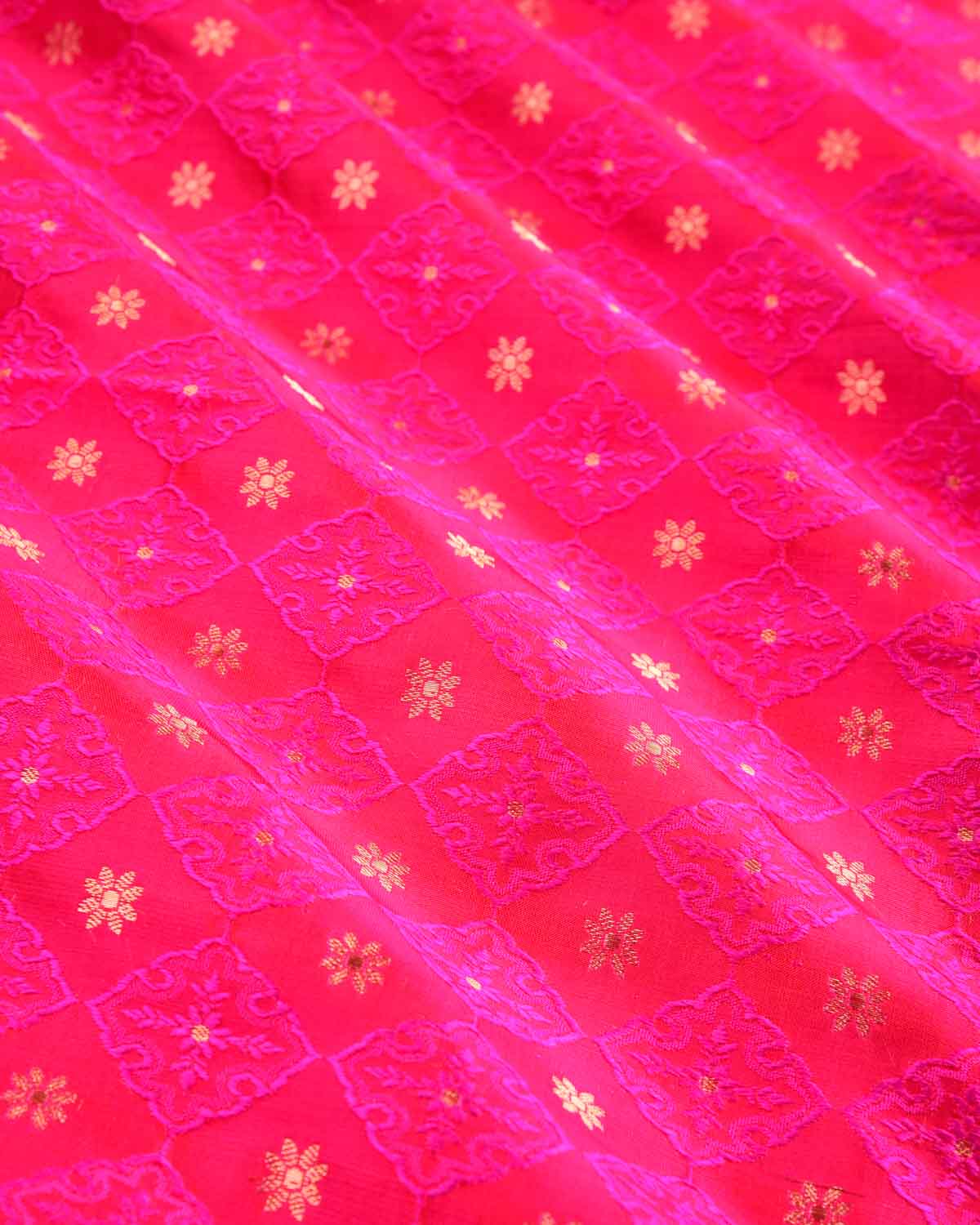Rani Pink Banarasi Gold Zari and Resham Tanchoi Brocade Handwoven Katan Silk Fabric-HolyWeaves
