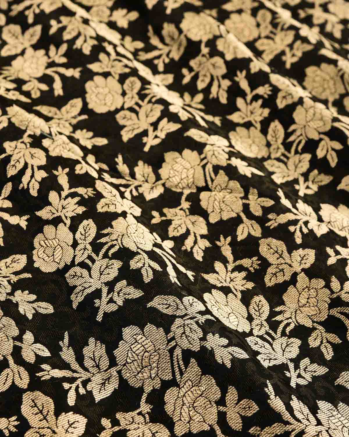 Black Banarasi Gold Zari and Resham Gulab Jaal Tanchoi Brocade Handwoven Katan Silk Fabric-HolyWeaves