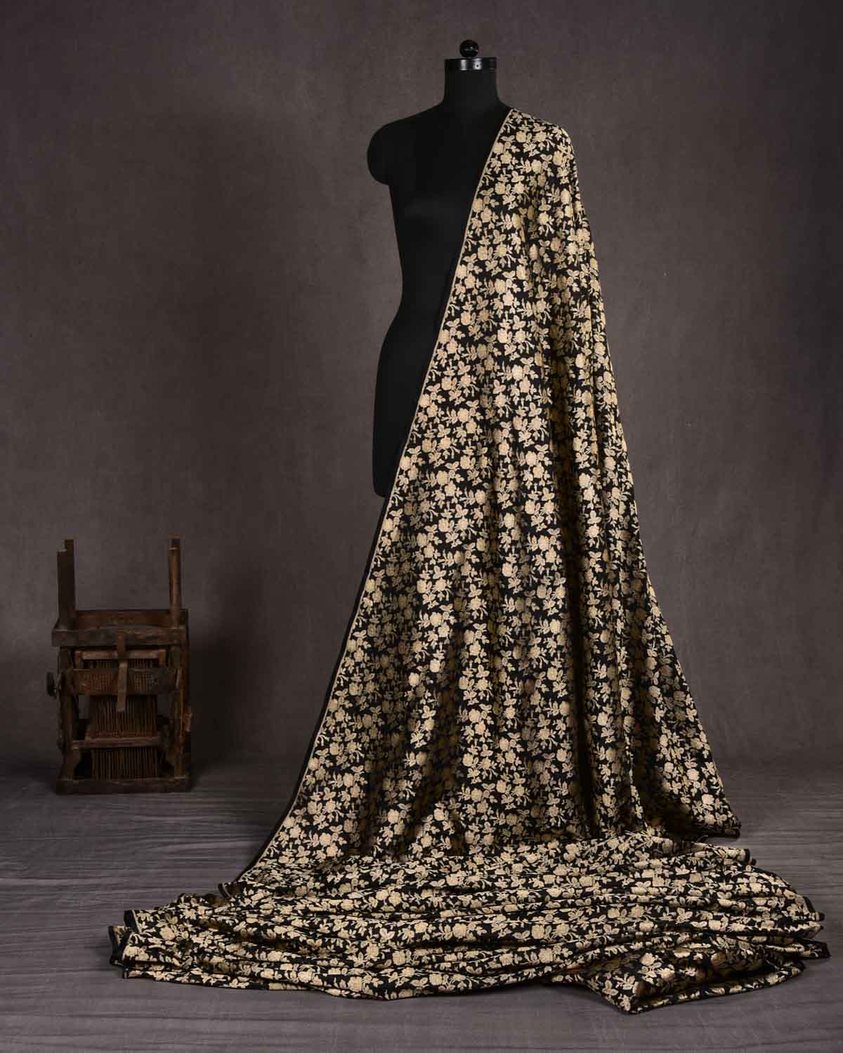 Black Banarasi Gold Zari and Resham Gulab Jaal Tanchoi Brocade Handwoven Katan Silk Fabric-HolyWeaves