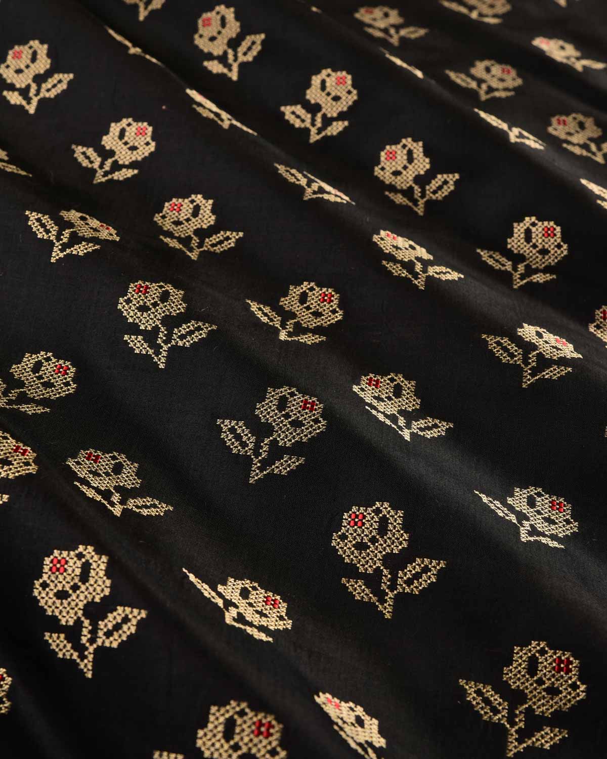 Black Banarasi Gold Zari Cross-Stitch Rose Buti Cutwork Brocade Handwoven Katan Silk Fabric-HolyWeaves