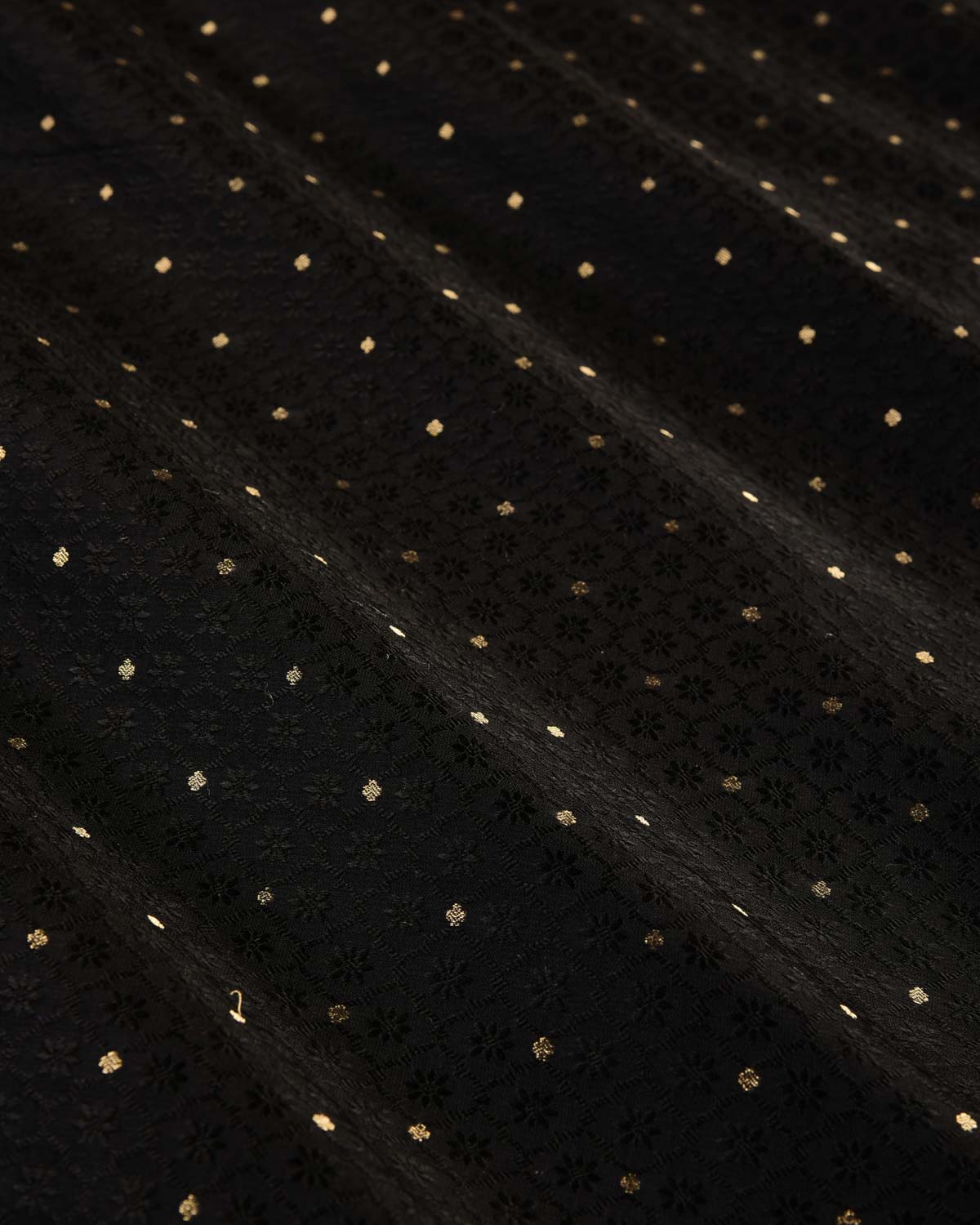 Black Banarasi Zari Buti Tanchoi Brocade Handwoven Katan Silk Fabric-HolyWeaves