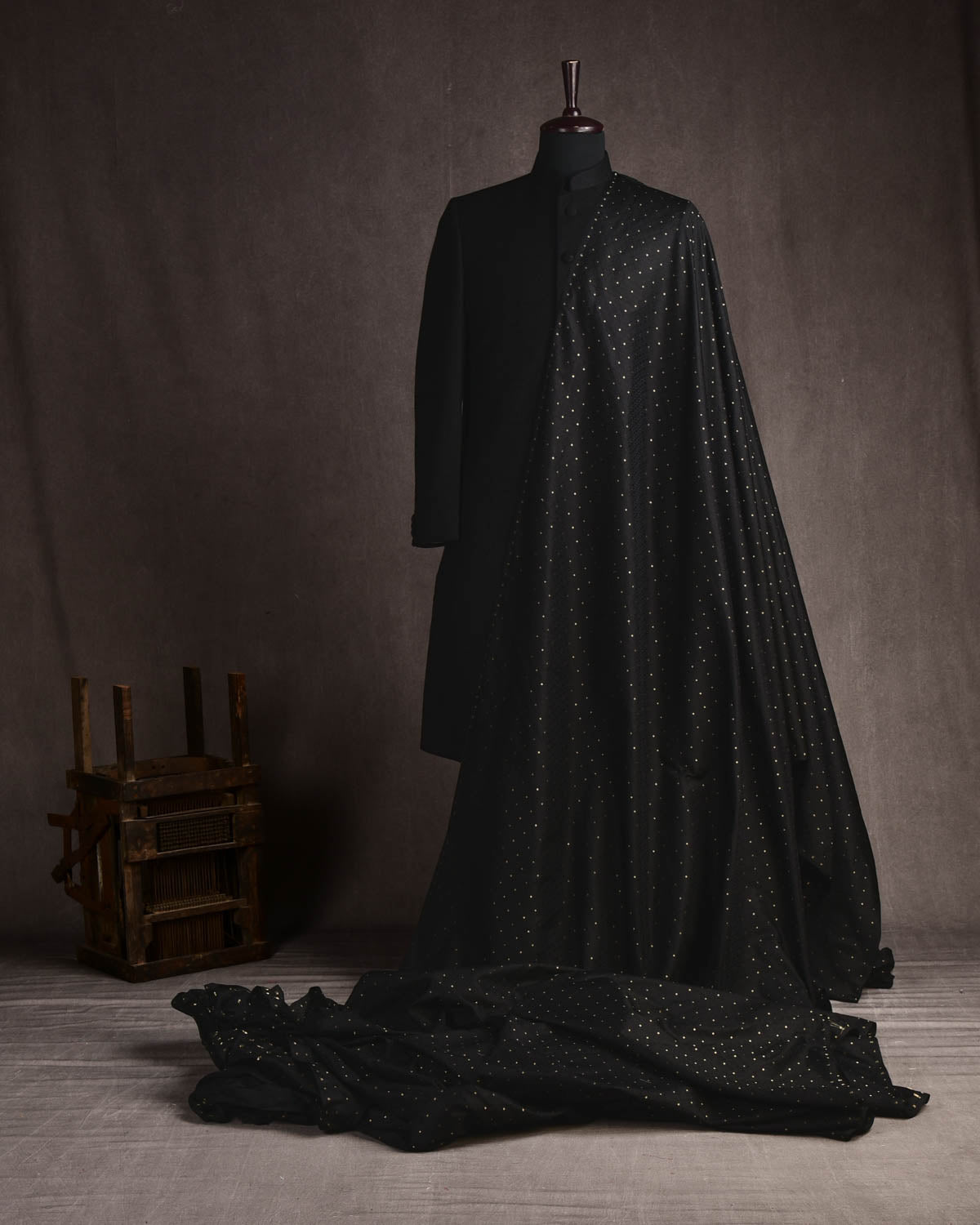 Black Banarasi Zari Buti Tanchoi Brocade Handwoven Katan Silk Fabric-HolyWeaves