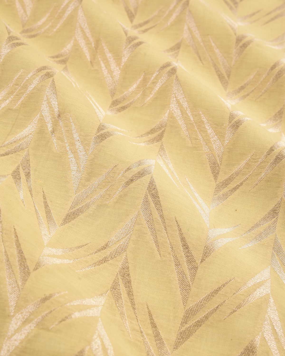 Pastel Yellow Banarasi Silver Zari Cutwork Brocade Handwoven Cotton Silk Fabric-HolyWeaves