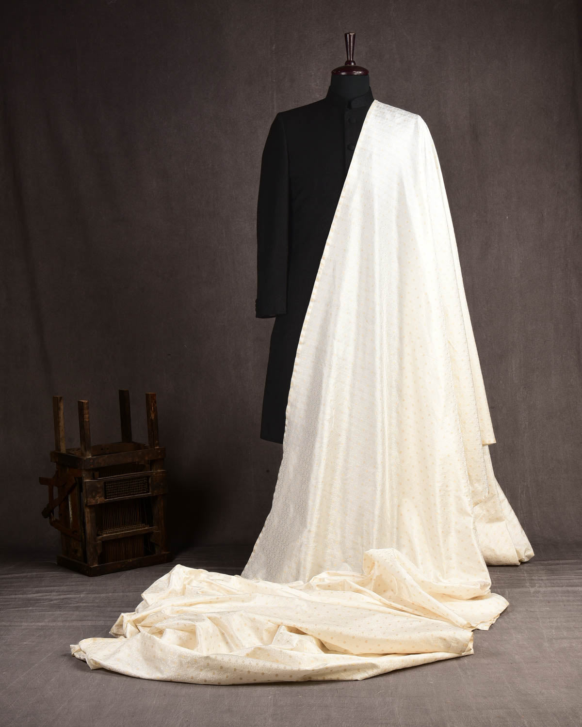 Cream Banarasi Gold Zari Tanchoi Brocade Handwoven Katan Silk Fabric-HolyWeaves