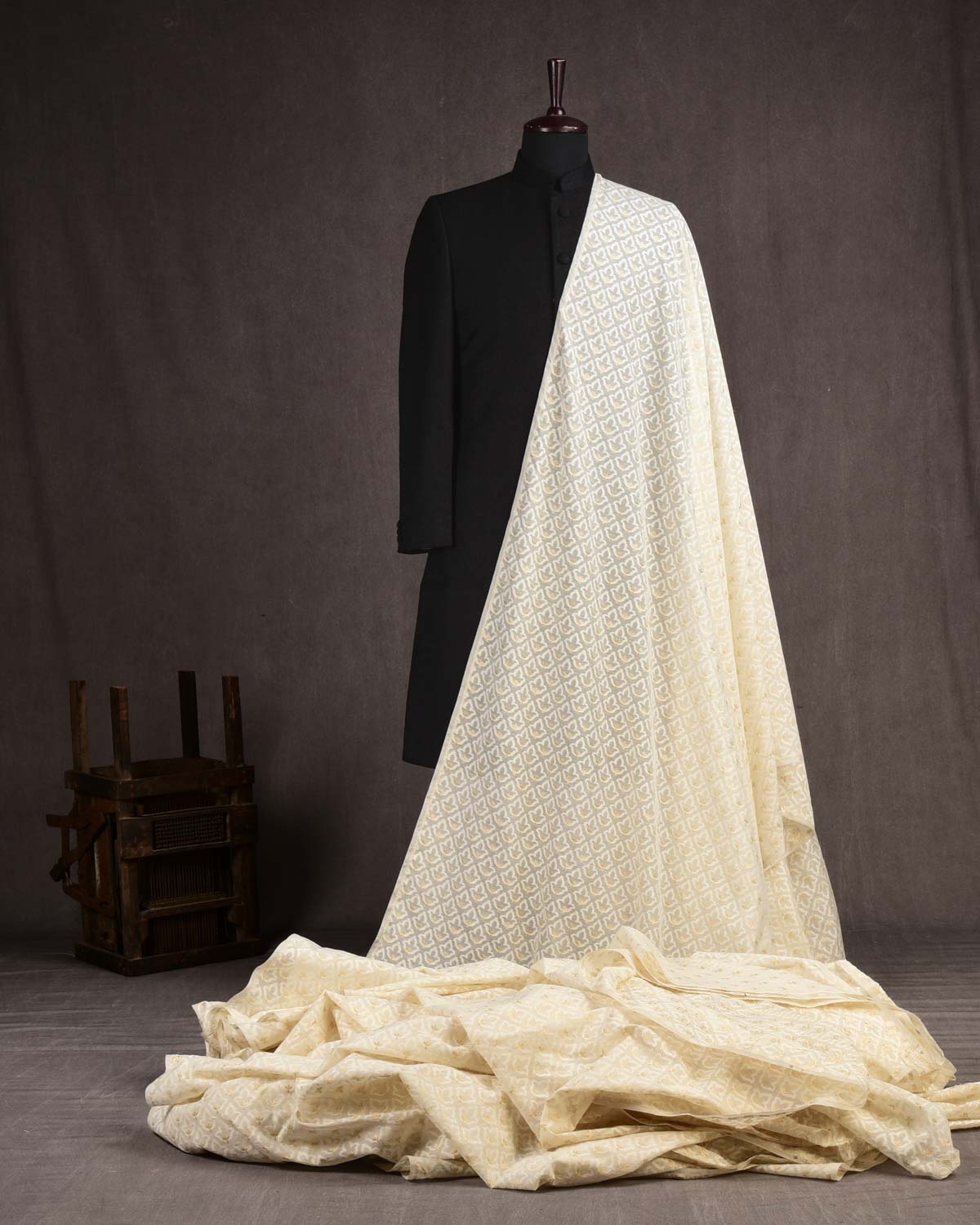 Cream Banarasi Leaf with Gold Zari Cutwork Brocade Woven Cotton Silk Fabric-HolyWeaves