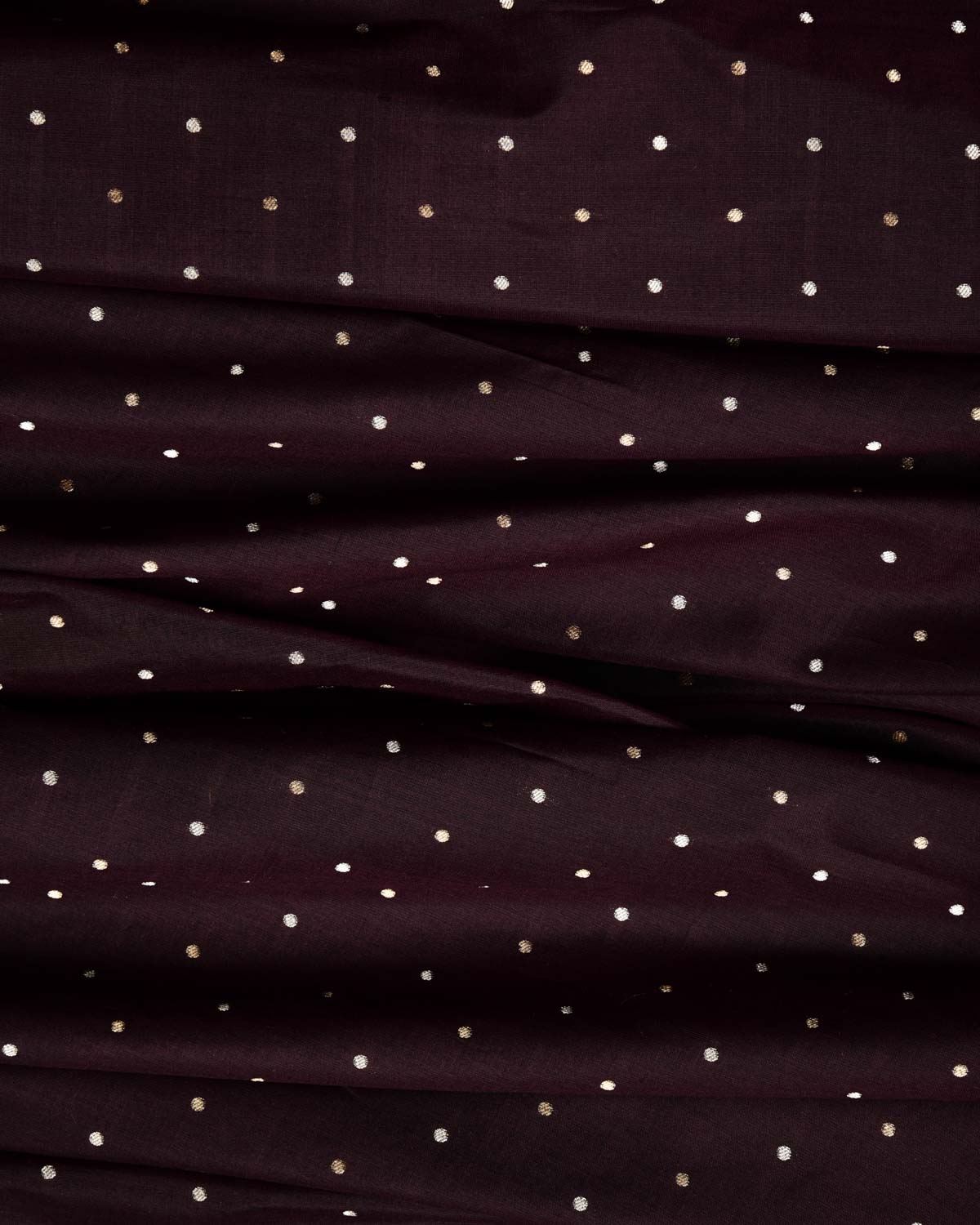 Mahogany Banarasi Gold & Silver Zari Polka Dots Cutwork Brocade Handwoven Katan Silk Fabric-HolyWeaves