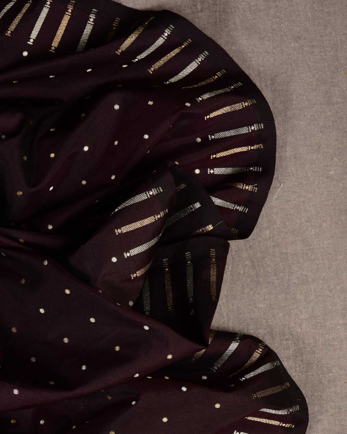 Mahogany Banarasi Gold & Silver Zari Polka Dots Cutwork Brocade Handwoven Katan Silk Fabric-HolyWeaves