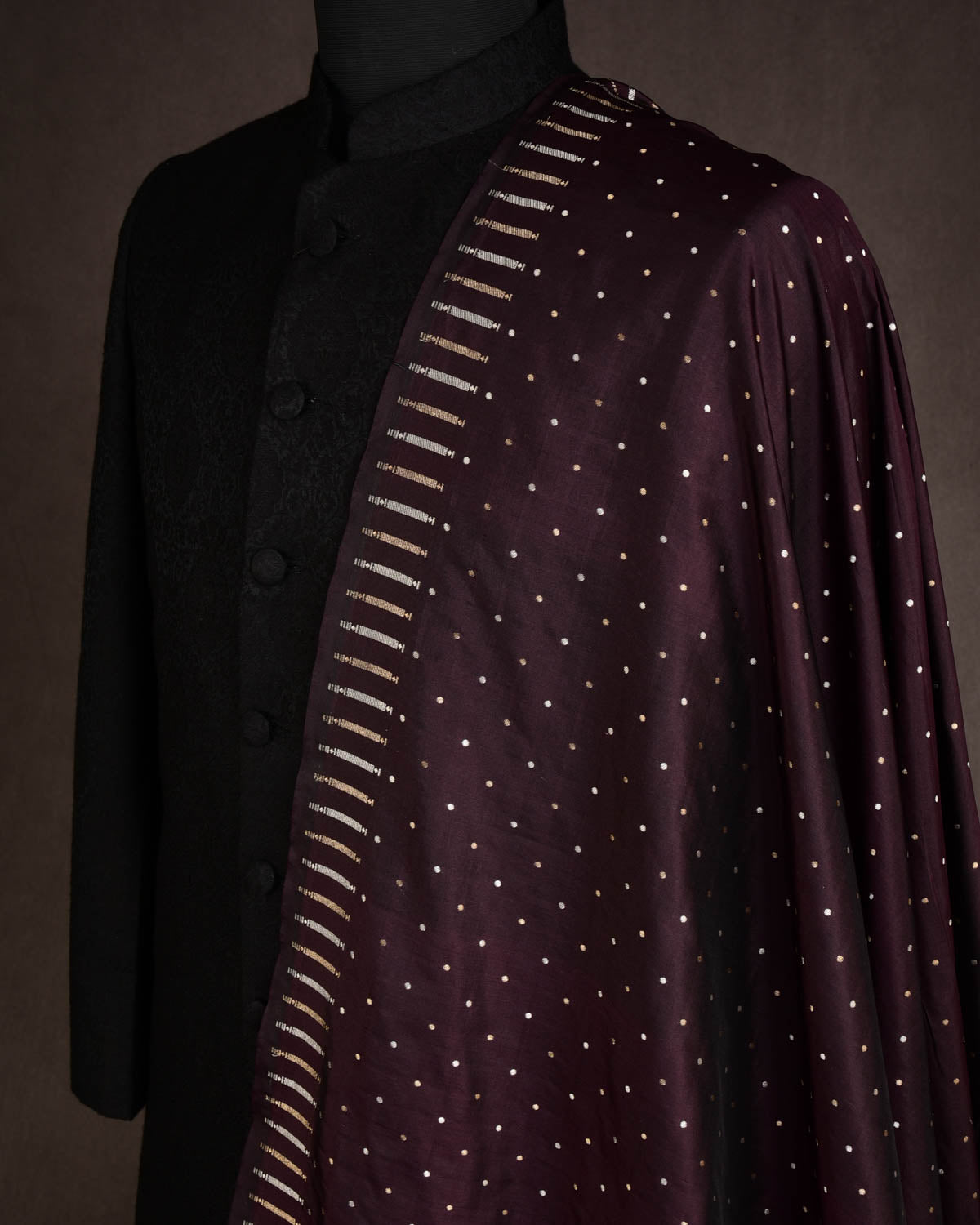 Mahogany Banarasi Gold & Silver Zari Polka Dots Cutwork Brocade Handwoven Katan Silk Fabric-HolyWeaves