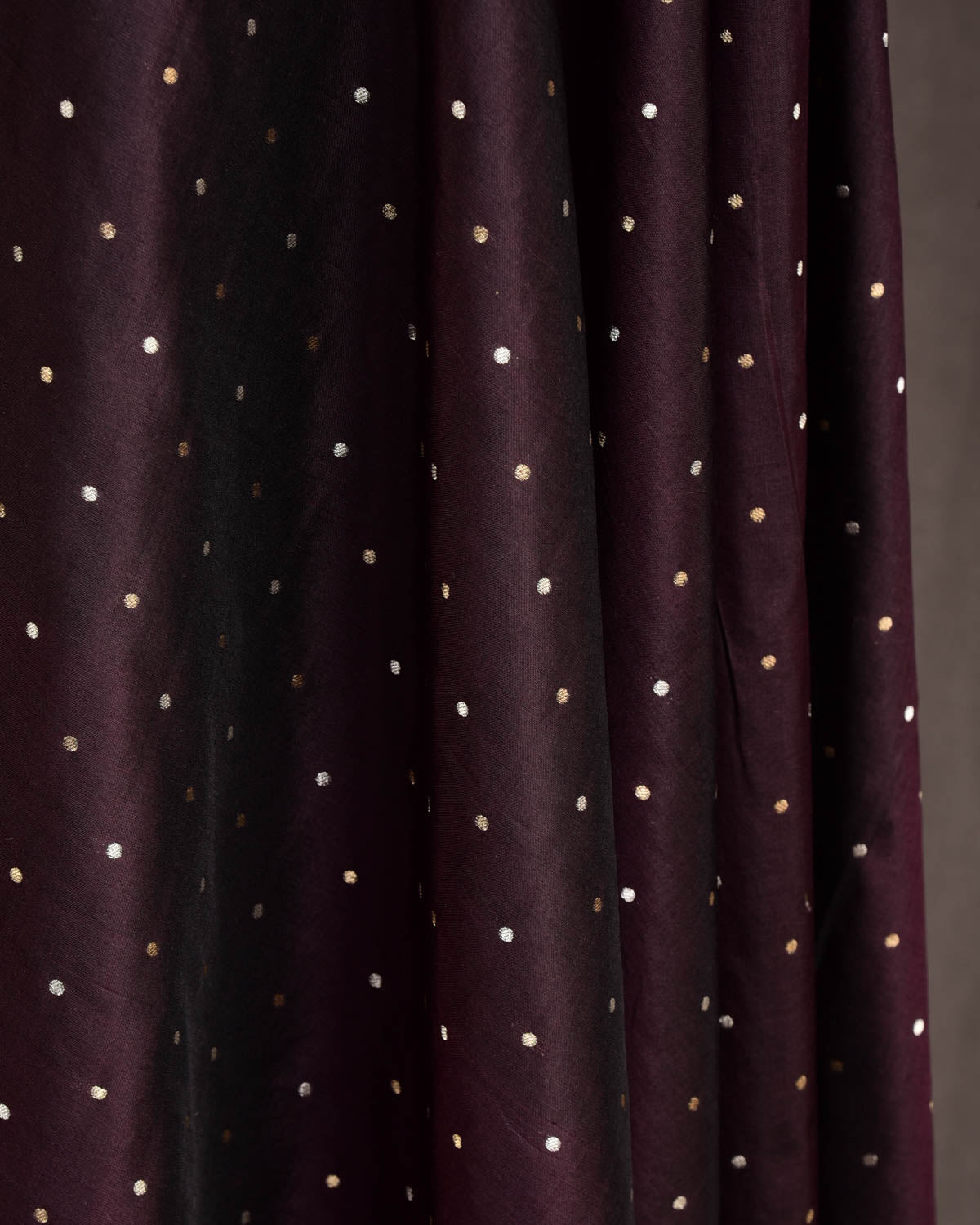 Mahogany Banarasi Gold & Silver Zari Polka Dots Cutwork Brocade Handwoven Katan Silk Fabric-HolyWeaves