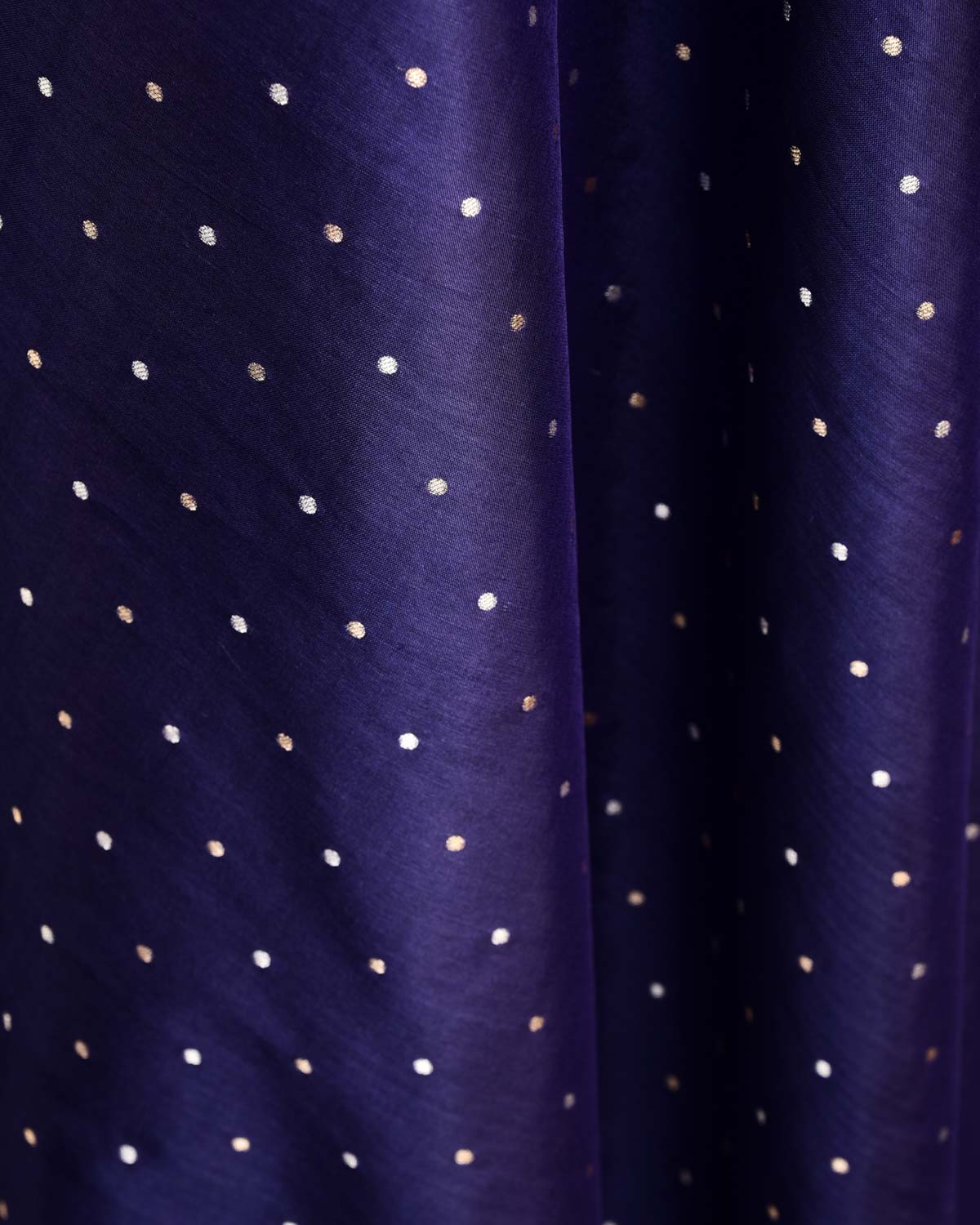Navy Blue Banarasi Gold & Silver Zari Polka Dots Cutwork Brocade Handwoven Katan Silk Fabric-HolyWeaves