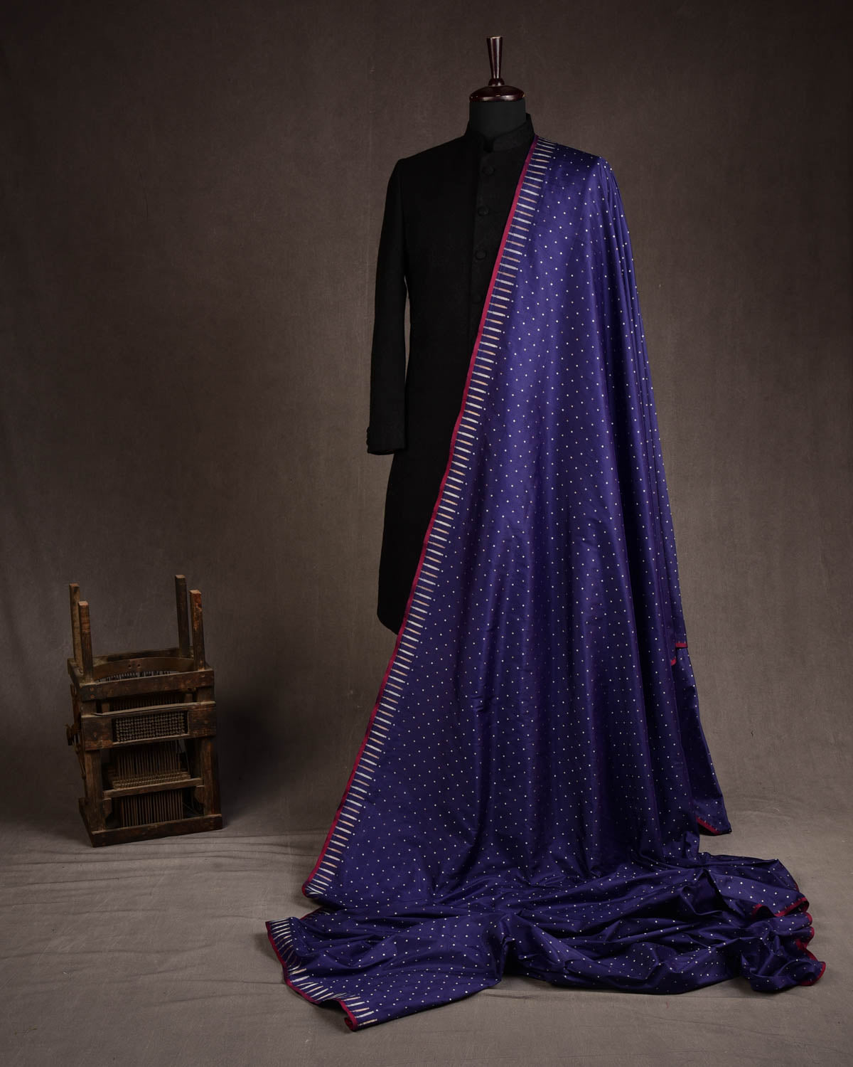 Navy Blue Banarasi Gold & Silver Zari Polka Dots Cutwork Brocade Handwoven Katan Silk Fabric-HolyWeaves