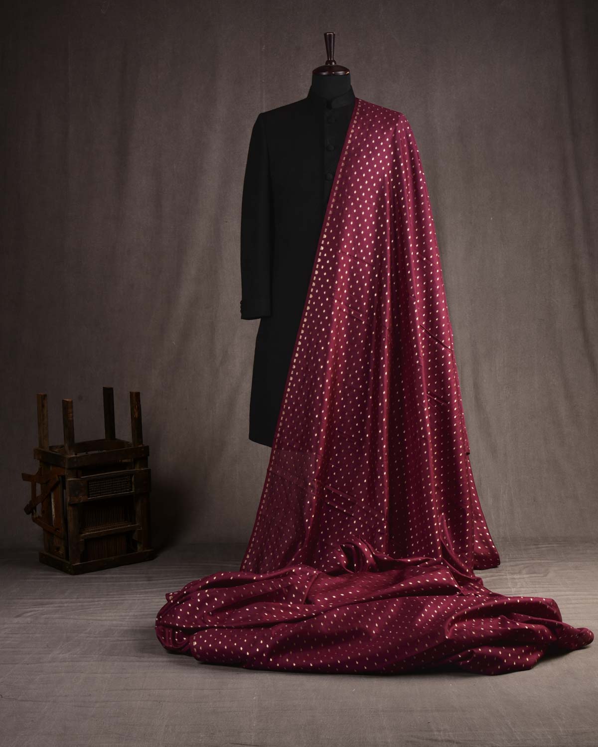 Maroon Banarasi Gold Zari Buti Cutwork Brocade Woven Spun Silk Unisex Fabric-HolyWeaves