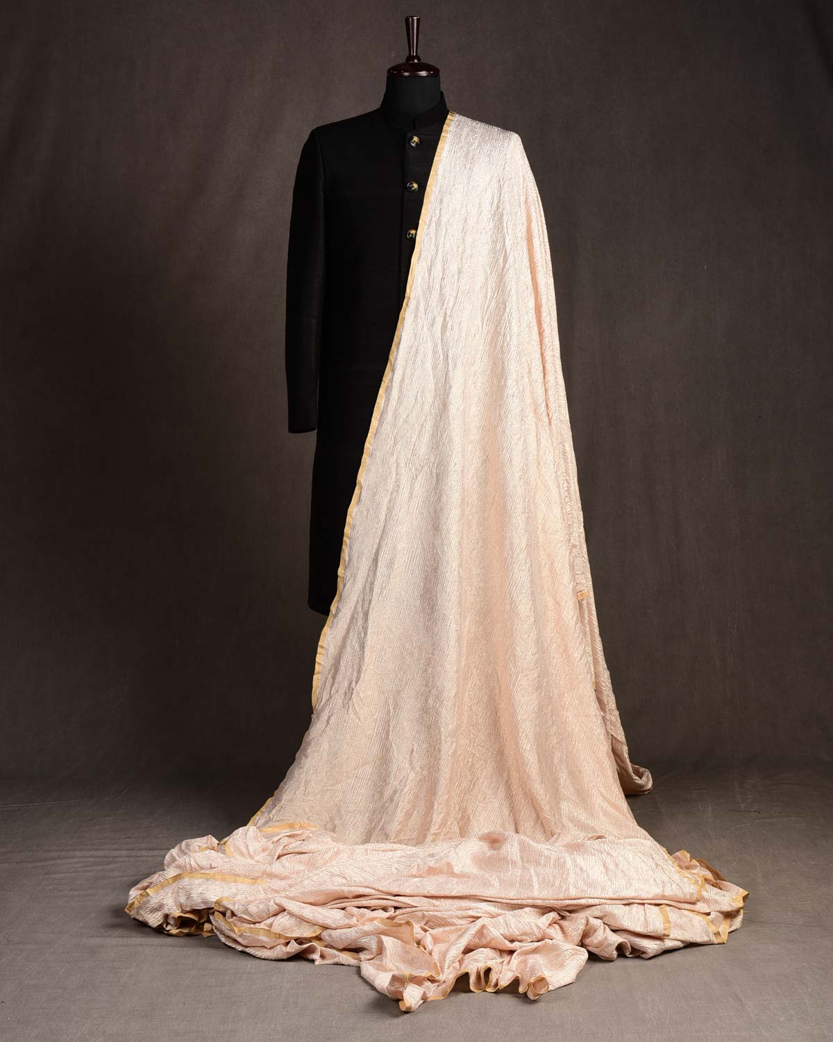 Champagne Rose Gold Crush Zari Brocade Woven Tissue Banarasi Fabric-HolyWeaves