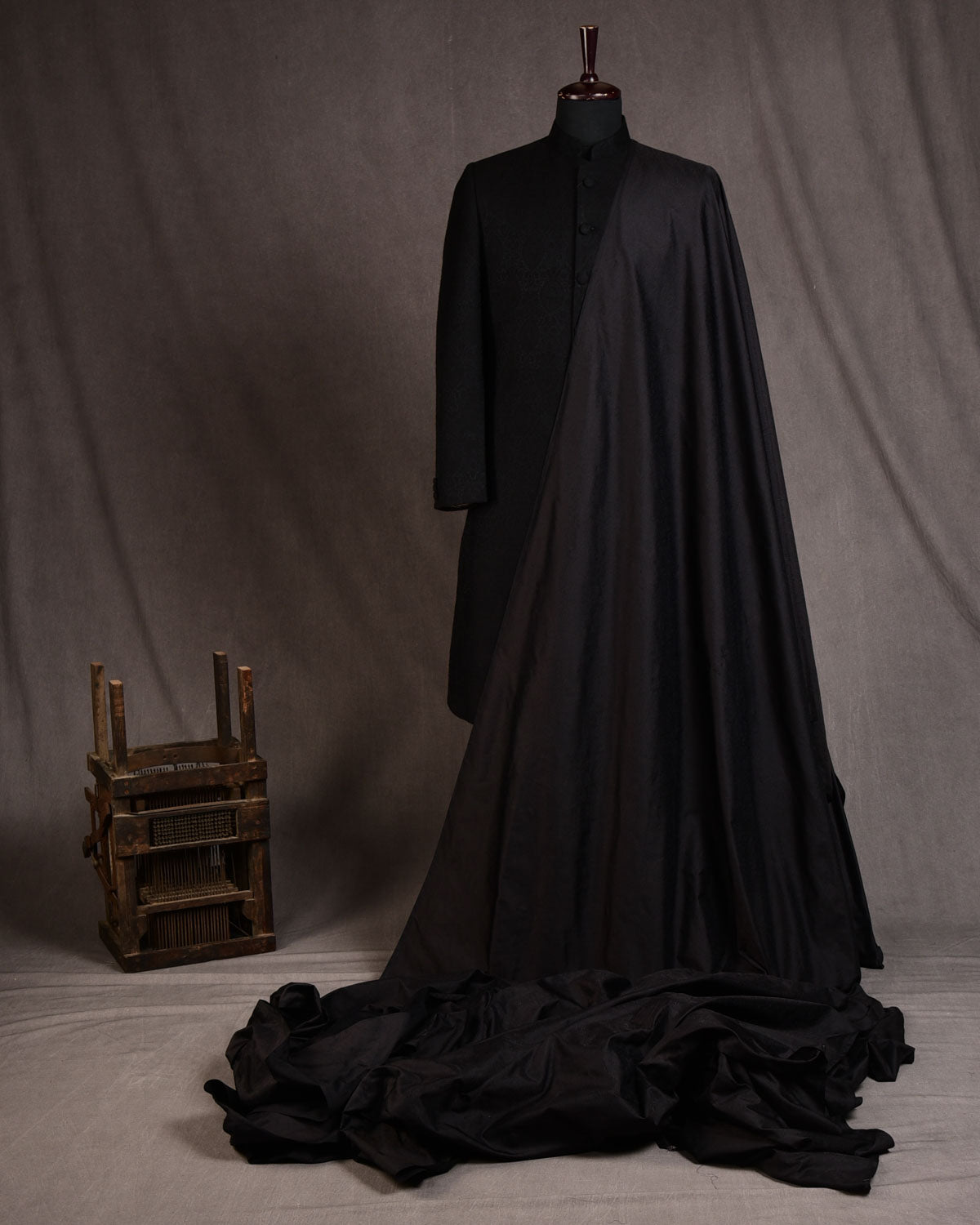 Black Banarasi Spider Web Tanchoi Handwoven Katan Silk Fabric-HolyWeaves