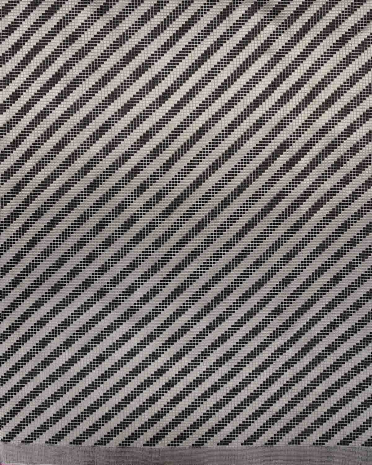 Metallic Gray Banarasi Chequered Silver Zari And Black Resham Brocade Handwoven Katan Silk Fabric-HolyWeaves