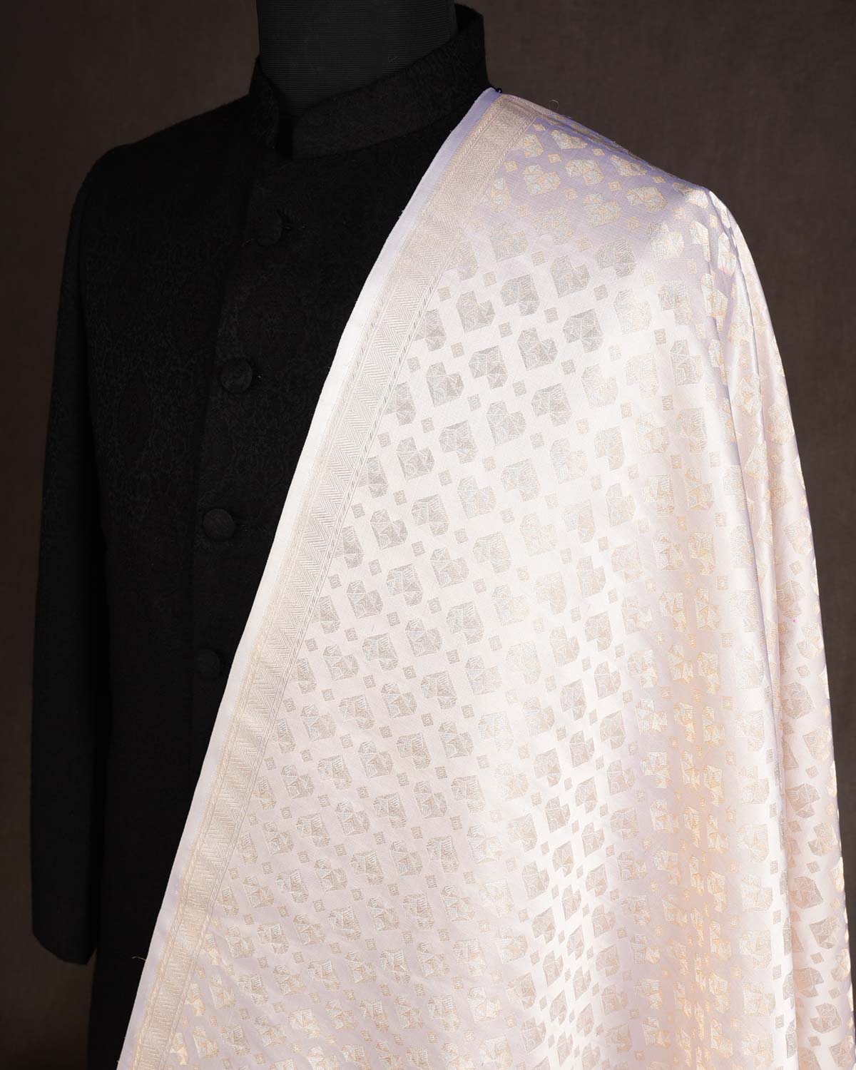 Cream Gold & Silver Zari Hearts Satin Brocade Handwoven Katan Silk Fabric-HolyWeaves