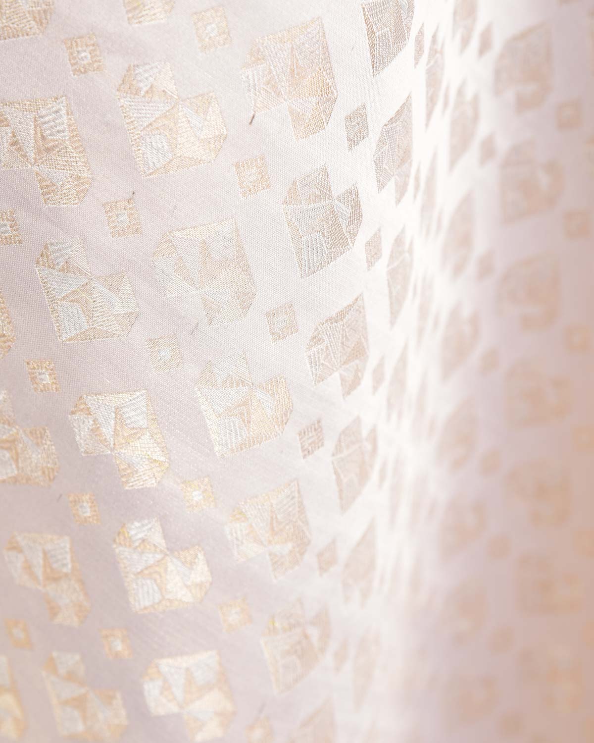 Cream Gold & Silver Zari Hearts Satin Brocade Handwoven Katan Silk Fabric-HolyWeaves