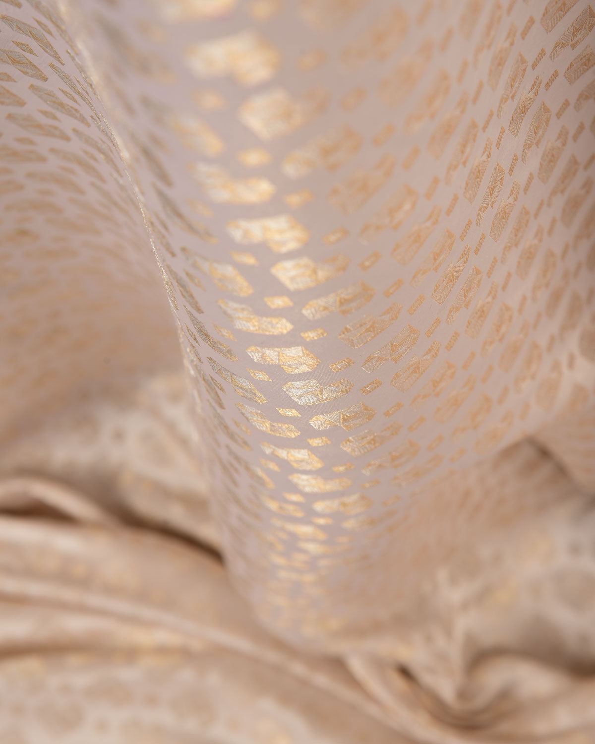 Cream Gold & Silver Zari Hearts Satin Brocade Handwoven Katan Silk Fabric-HolyWeaves