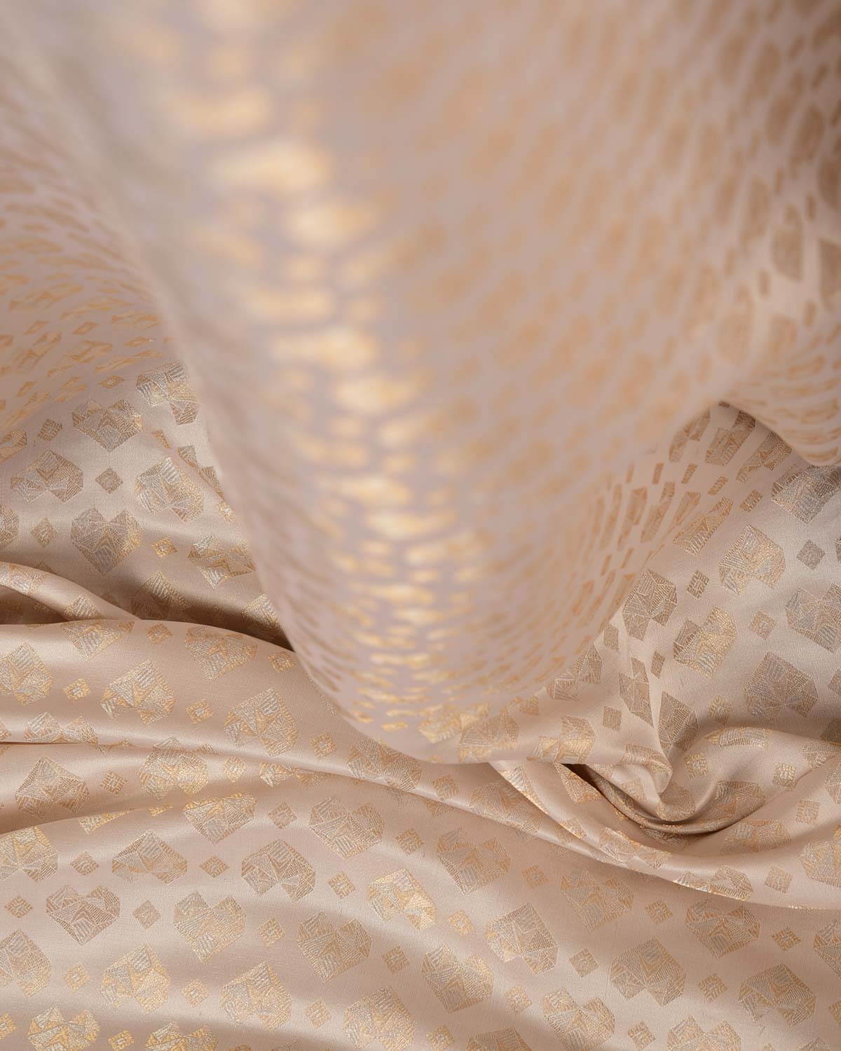 Cream Gold & Silver Zari Hearts Satin Brocade Handwoven Katan Silk Fabric-HolyWeaves