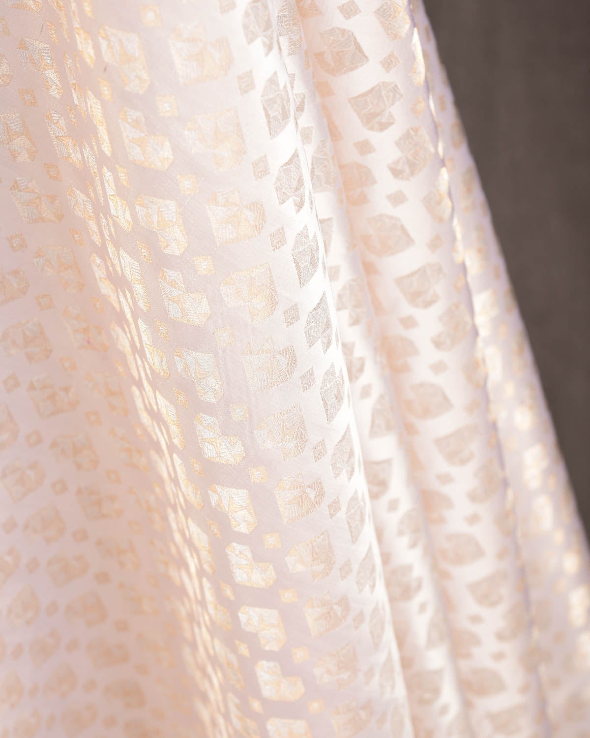 Cream Gold & Silver Zari Hearts Satin Brocade Handwoven Katan Silk Fabric-HolyWeaves