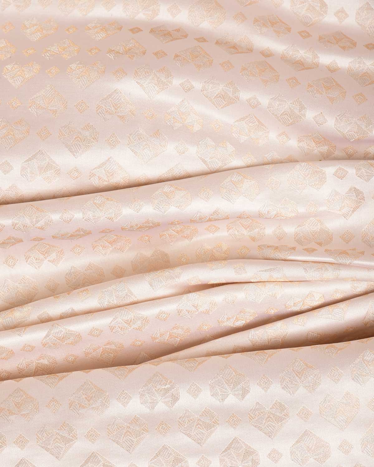 Cream Gold & Silver Zari Hearts Satin Brocade Handwoven Katan Silk Fabric-HolyWeaves