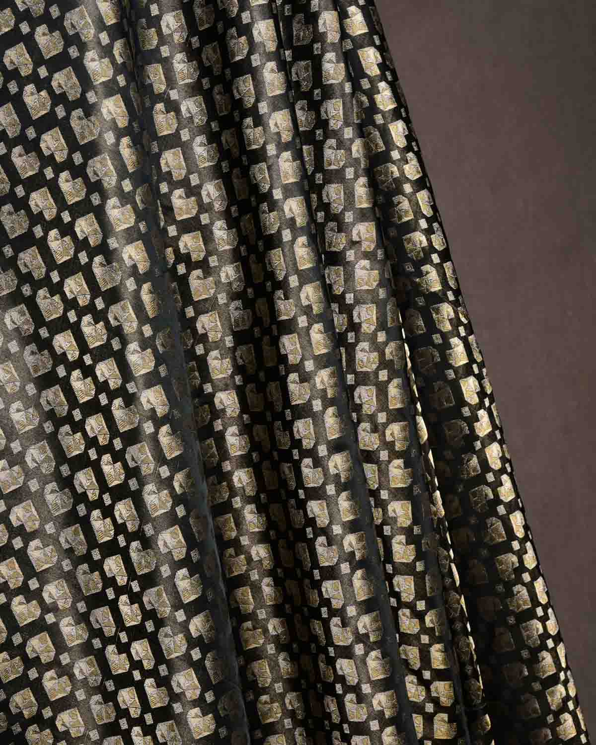 Metallic Black Gold & Silver Zari Diamond Hearts Satin Brocade Handwoven Katan Silk Banarasi Fabric-HolyWeaves