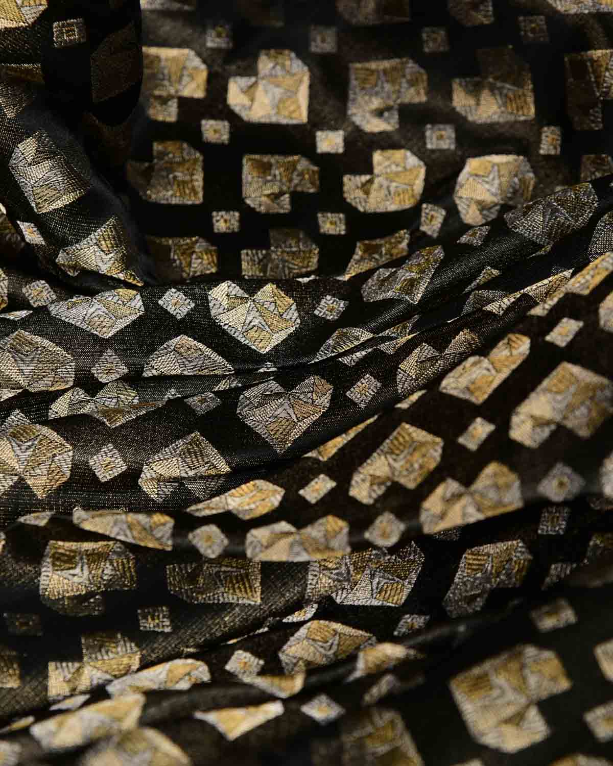 Metallic Black Gold & Silver Zari Diamond Hearts Satin Brocade Handwoven Katan Silk Banarasi Fabric-HolyWeaves