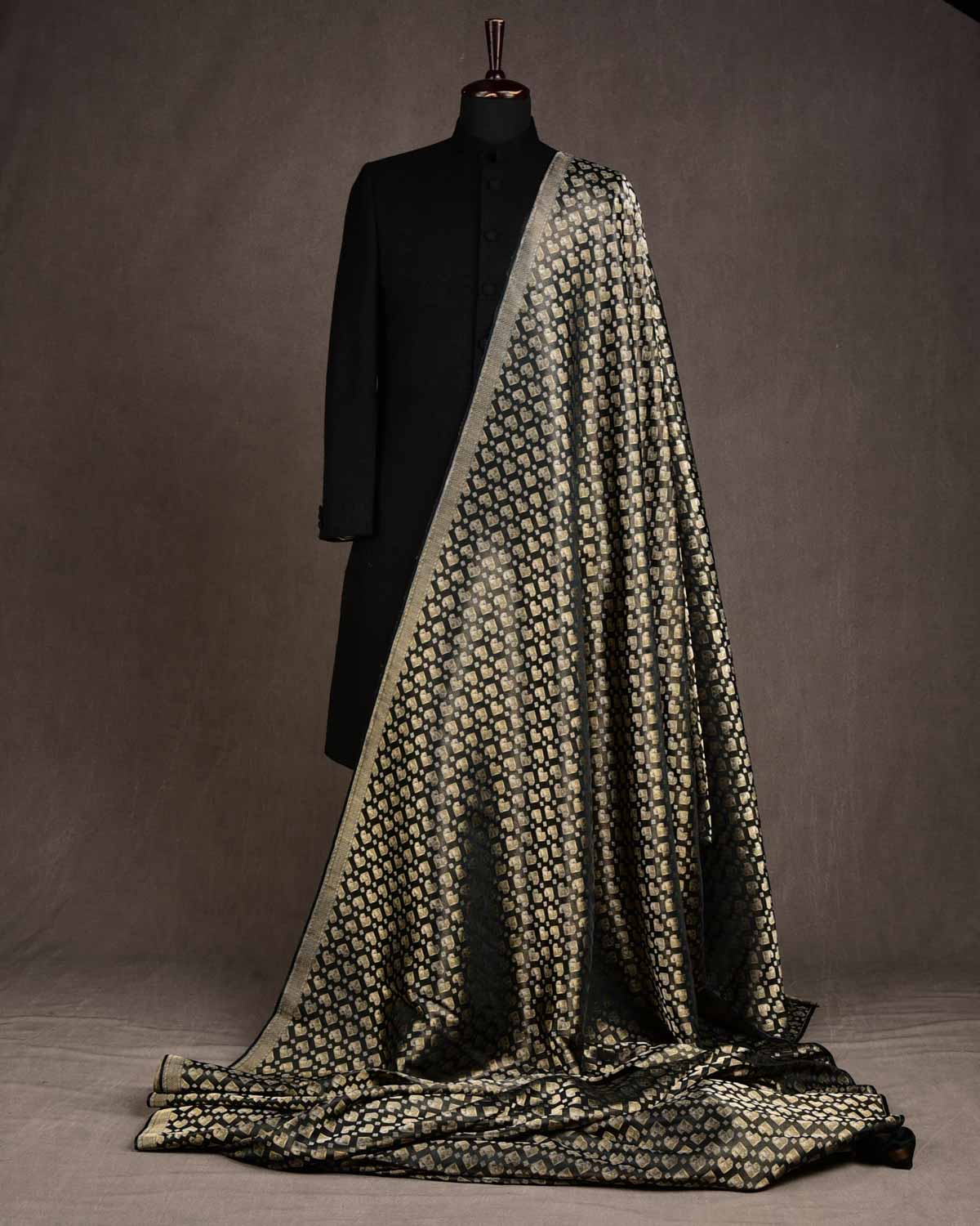 Metallic Black Gold & Silver Zari Diamond Hearts Satin Brocade Handwoven Katan Silk Banarasi Fabric-HolyWeaves