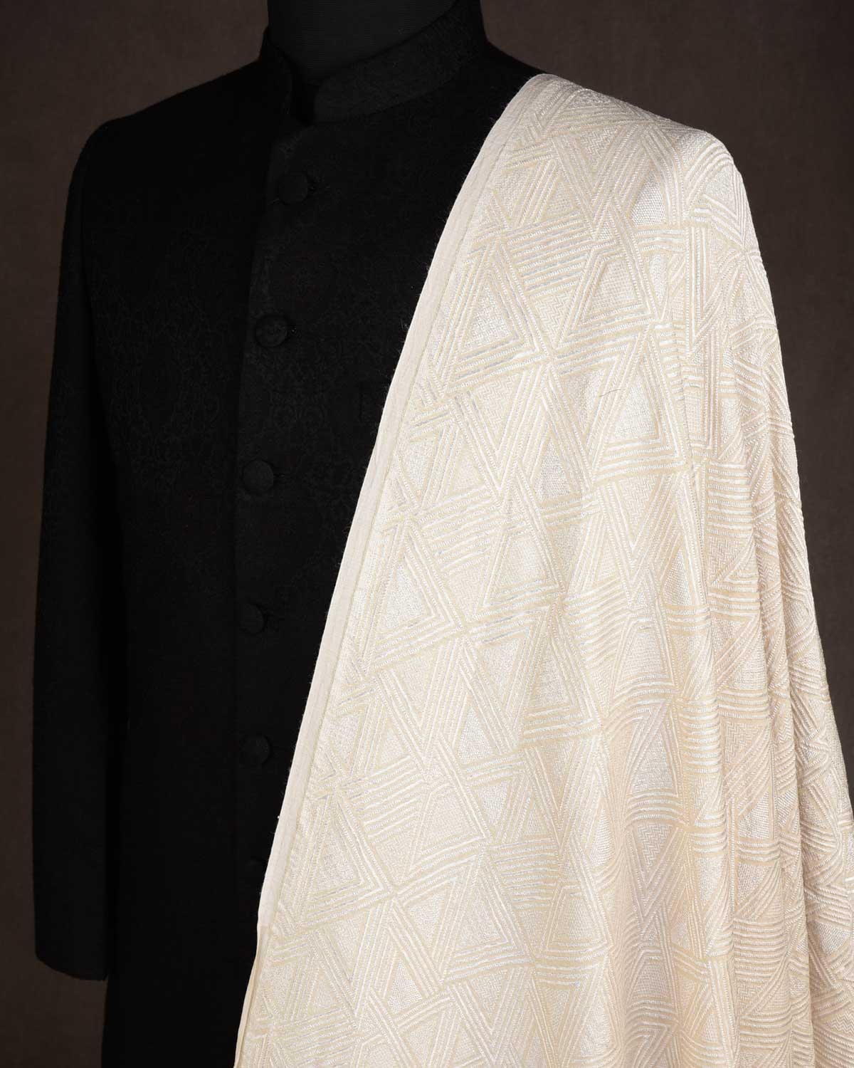 Beige Silver Zari Triangles Brocade Handwoven Muga Silk Fabric-HolyWeaves