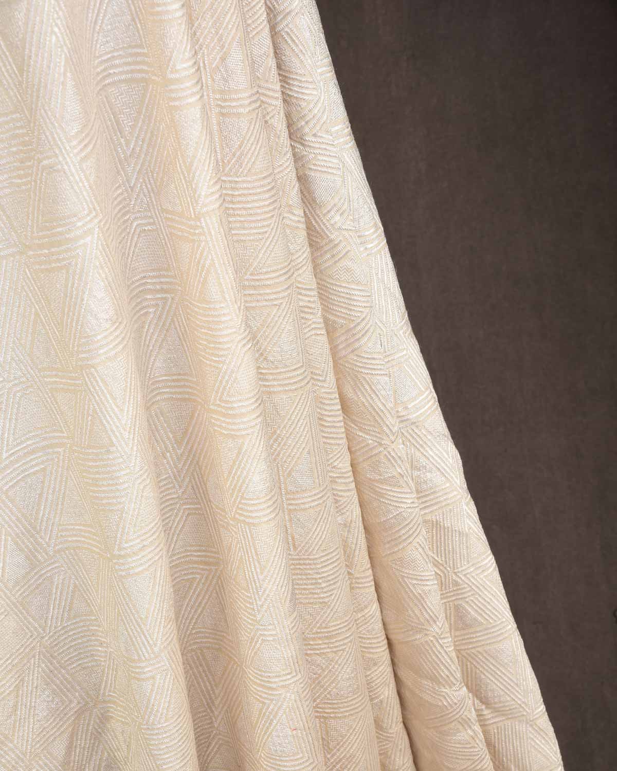 Beige Silver Zari Triangles Brocade Handwoven Muga Silk Fabric-HolyWeaves