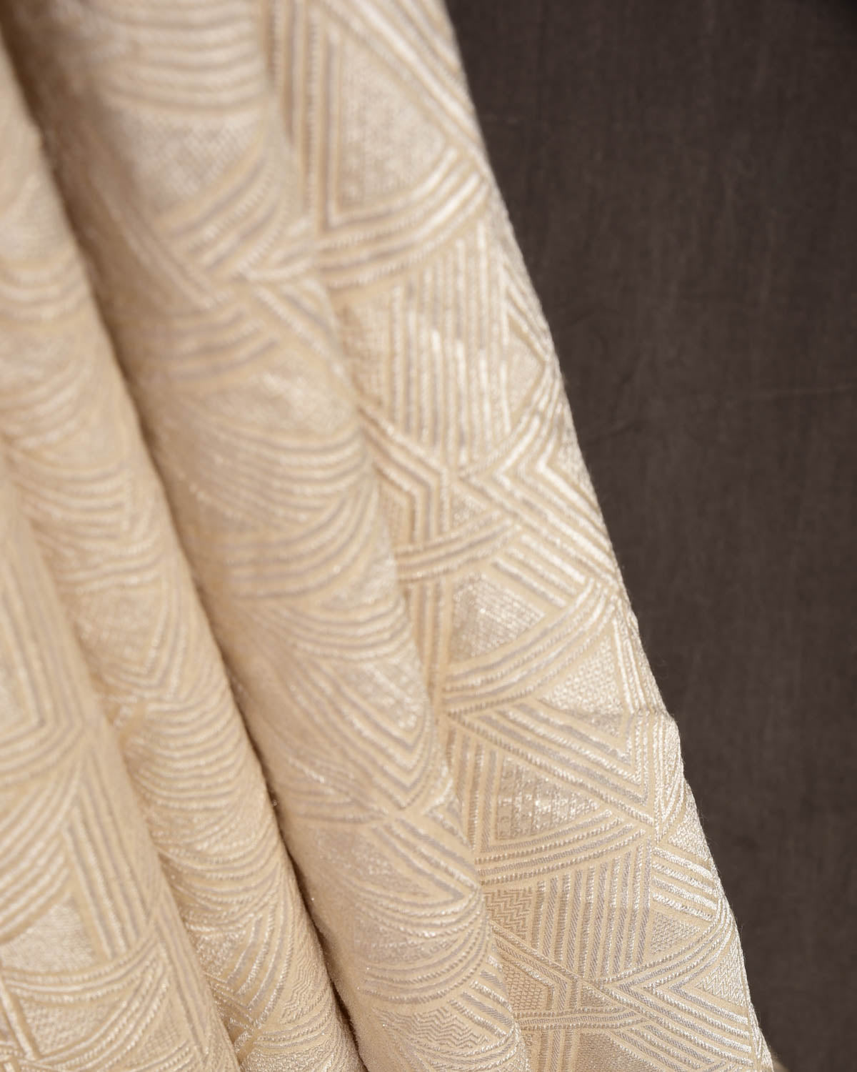 Beige Silver Zari Triangles Brocade Handwoven Muga Silk Fabric-HolyWeaves