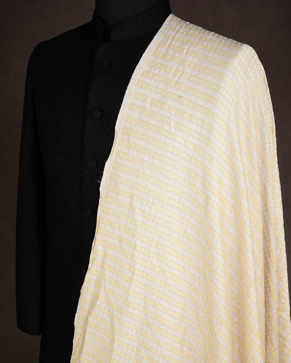Beige Gold & Silver Zari Herring Bone Stripes Brocade Handwoven Muga Silk Fabric-HolyWeaves