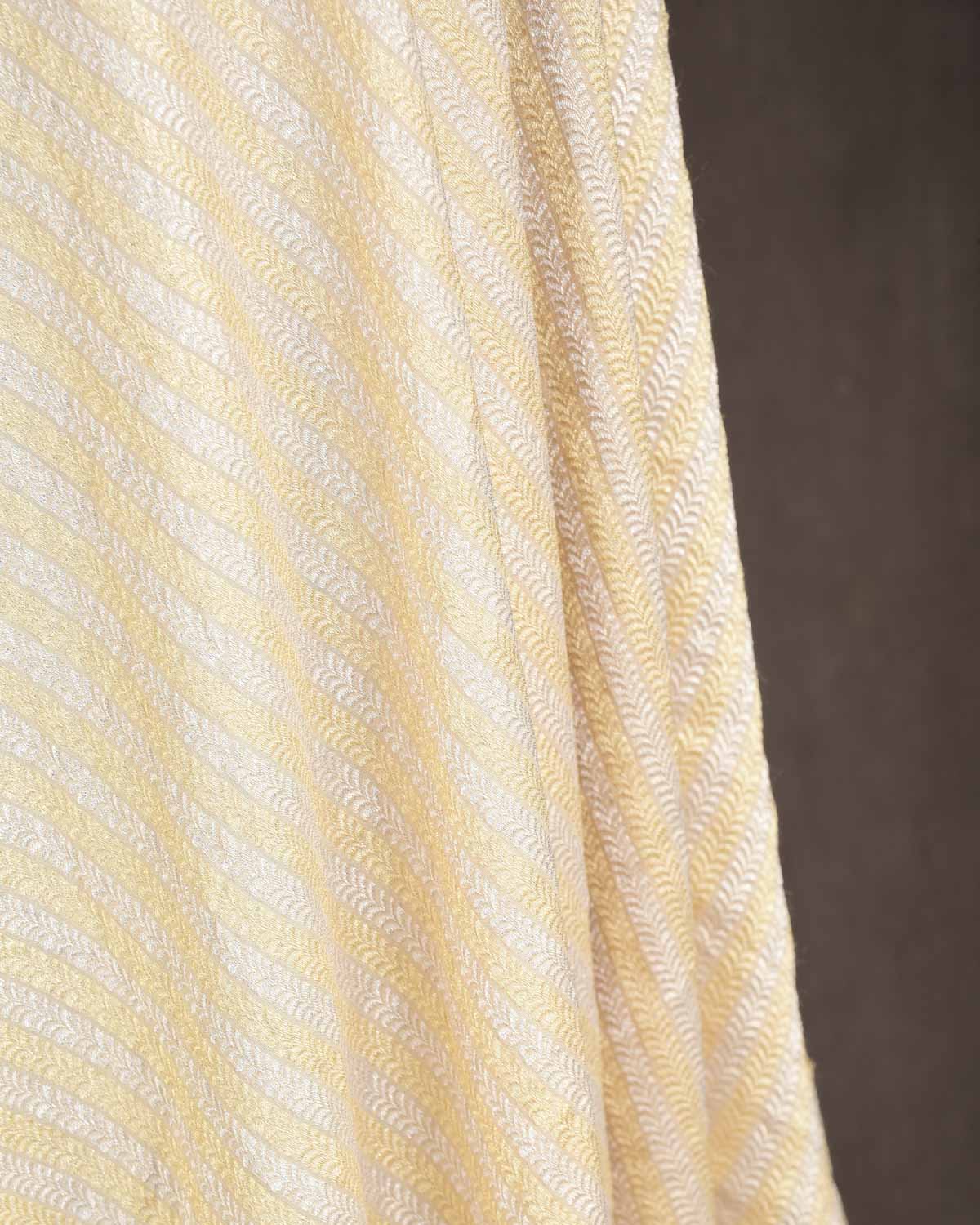 Beige Gold & Silver Zari Herring Bone Stripes Brocade Handwoven Muga Silk Fabric-HolyWeaves