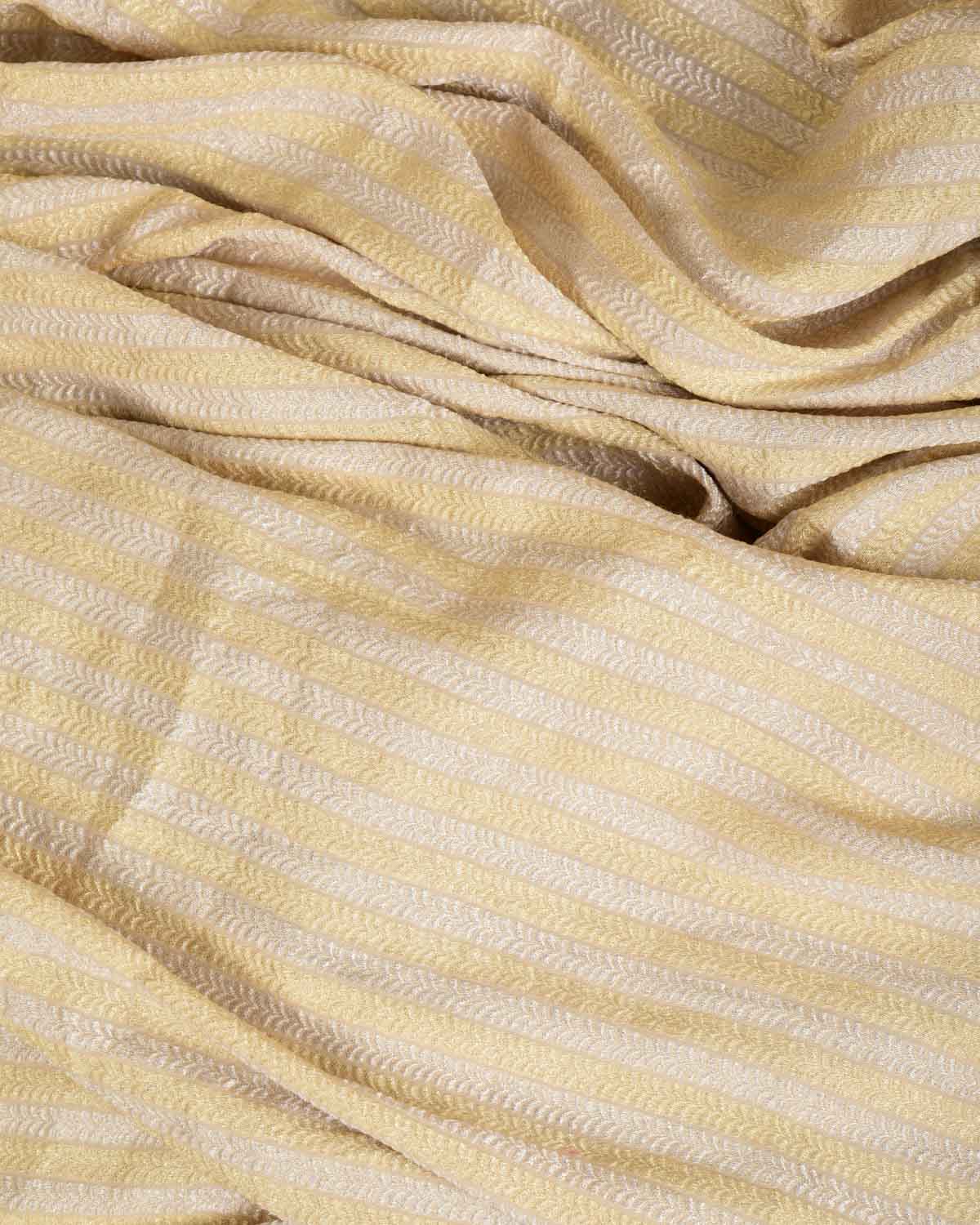 Beige Gold & Silver Zari Herring Bone Stripes Brocade Handwoven Muga Silk Fabric-HolyWeaves
