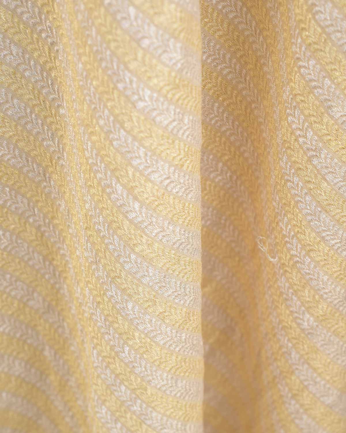 Beige Gold & Silver Zari Herring Bone Stripes Brocade Handwoven Muga Silk Fabric-HolyWeaves